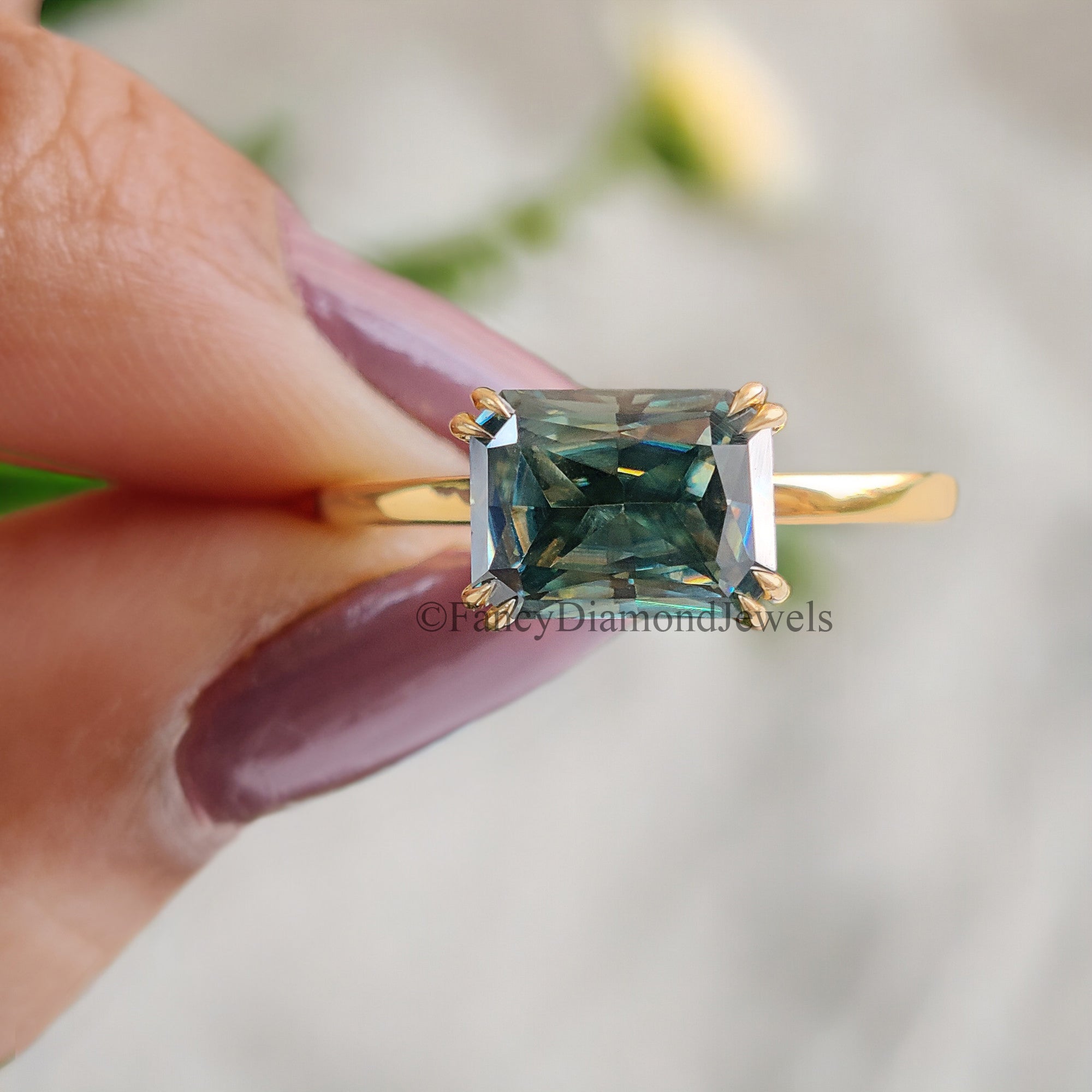 Amazing East to West Radiant Ring Double Claw Prong Ring 1.65 CT Green Radiant Moissanite Ring Solitaire Engagement Ring Wedding Ring FD65