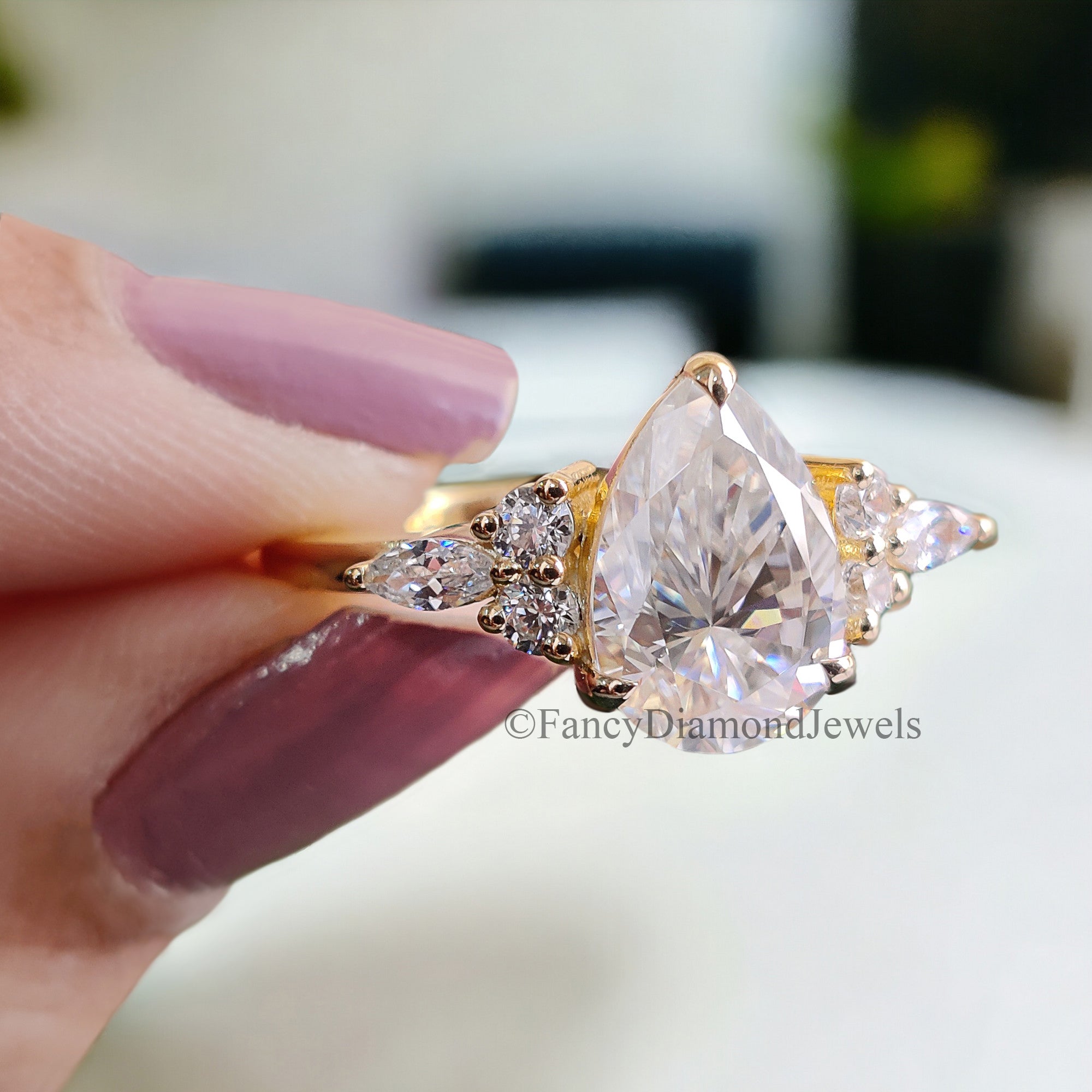 Tear Drop Wedding Ring Moissanite Engagement Ring Pear Shape Art Deco Wedding Ring Plain Gold Ring For Women Promise Moissanite Ring FD54