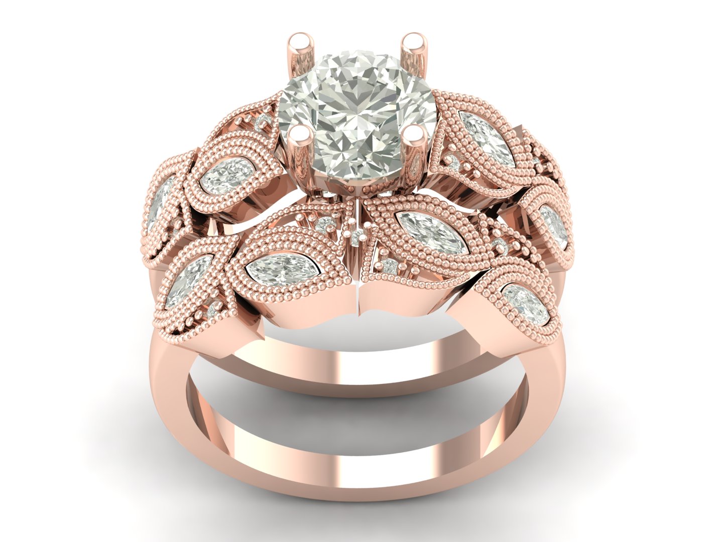 2.40 TW Unique Ring Prong Setting Round Cut Lab Grown Diamond Ring Solitaire Ring Marquise Band Set Wedding Ring Engagement Ring Set PR608