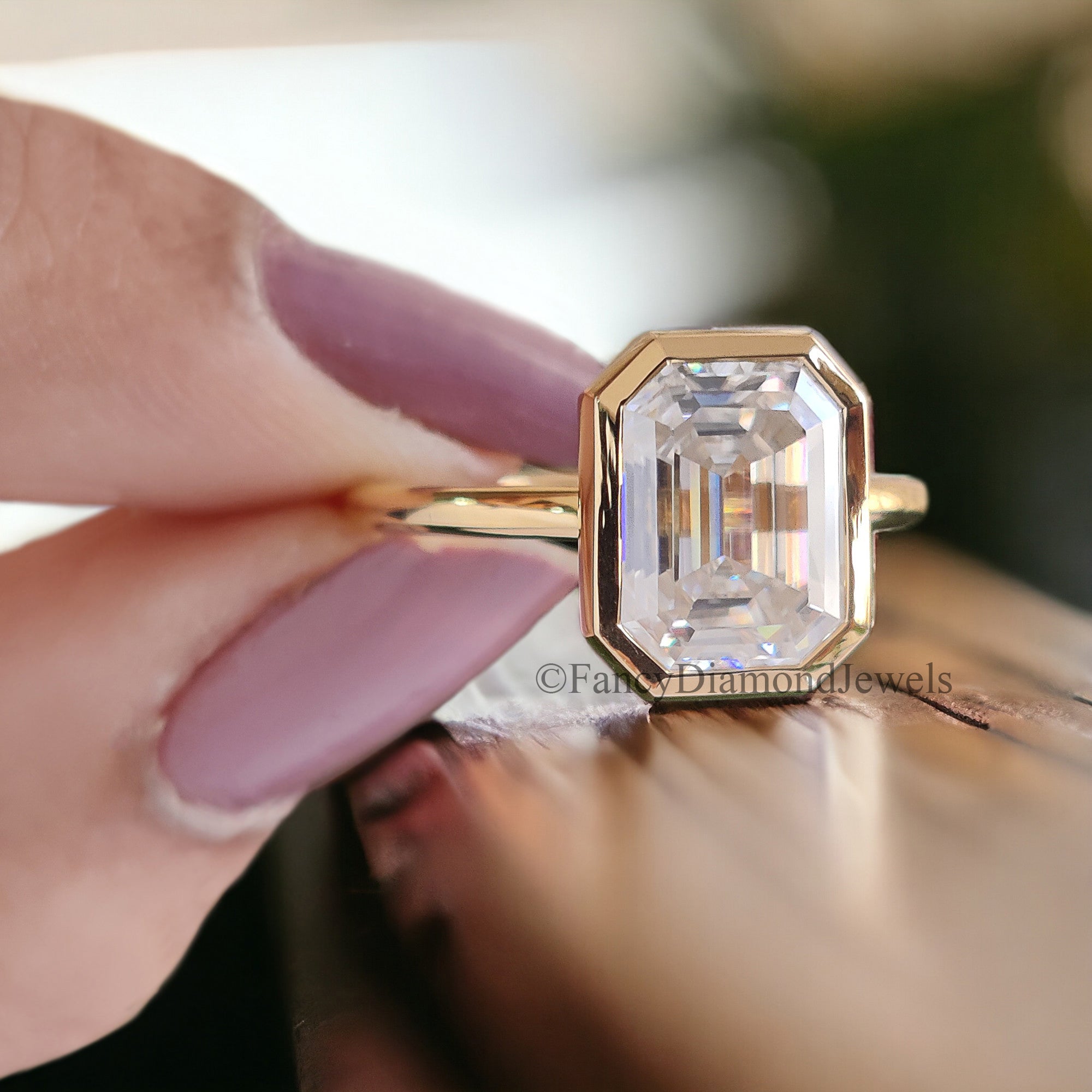 2.5 CT Emerald Cut Moissanite Solitaire Ring 14K Yellow Gold Engagement Ring Bezel Setting Statement Ring Gift For Her Anniversary Ring FD48