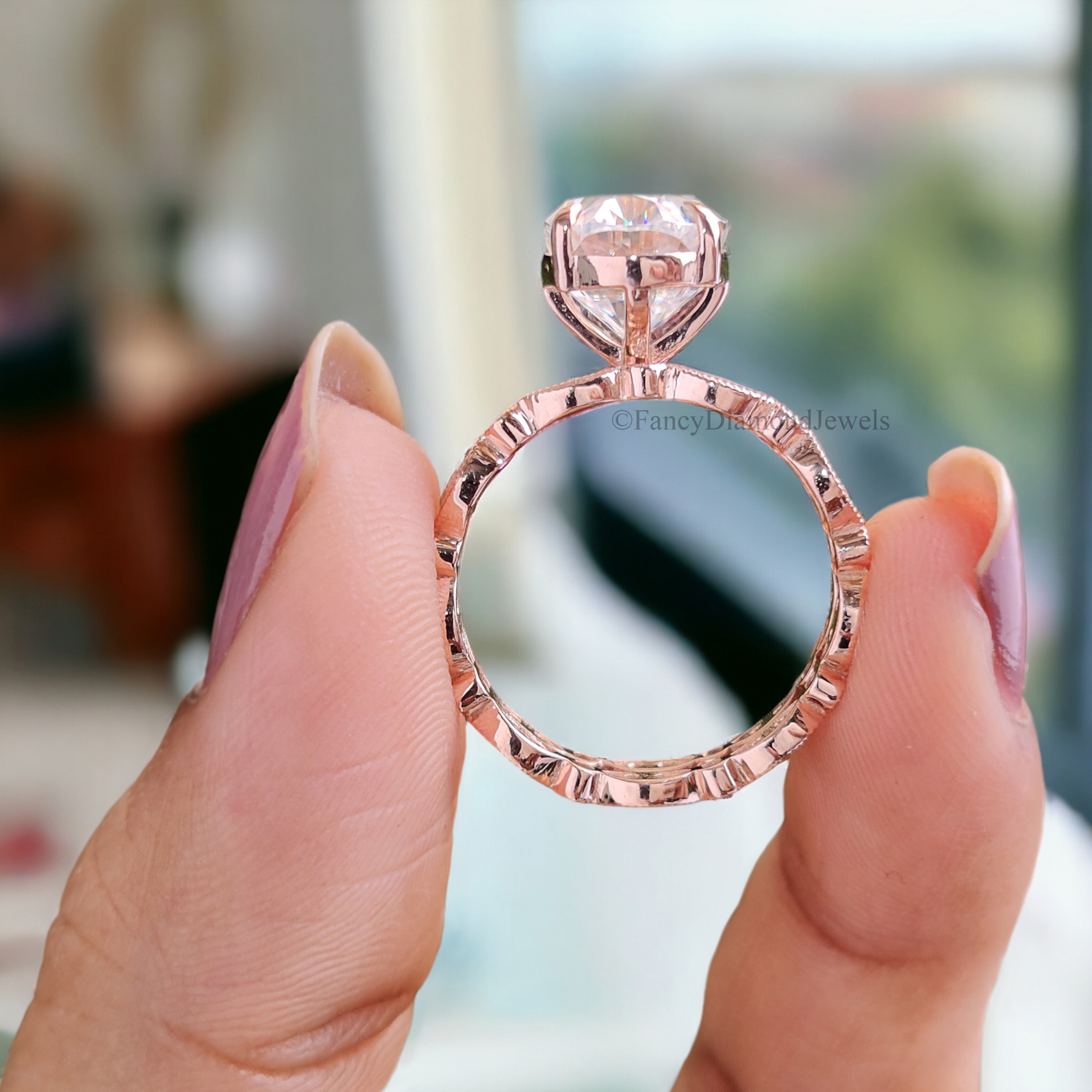 Wedding Ring Set Moissanite Rose Gold Engagement Ring Oval 12X8 mm Moissanite Ring Diamond Milgrain Band Solitaire Ring Promise Ring FD129