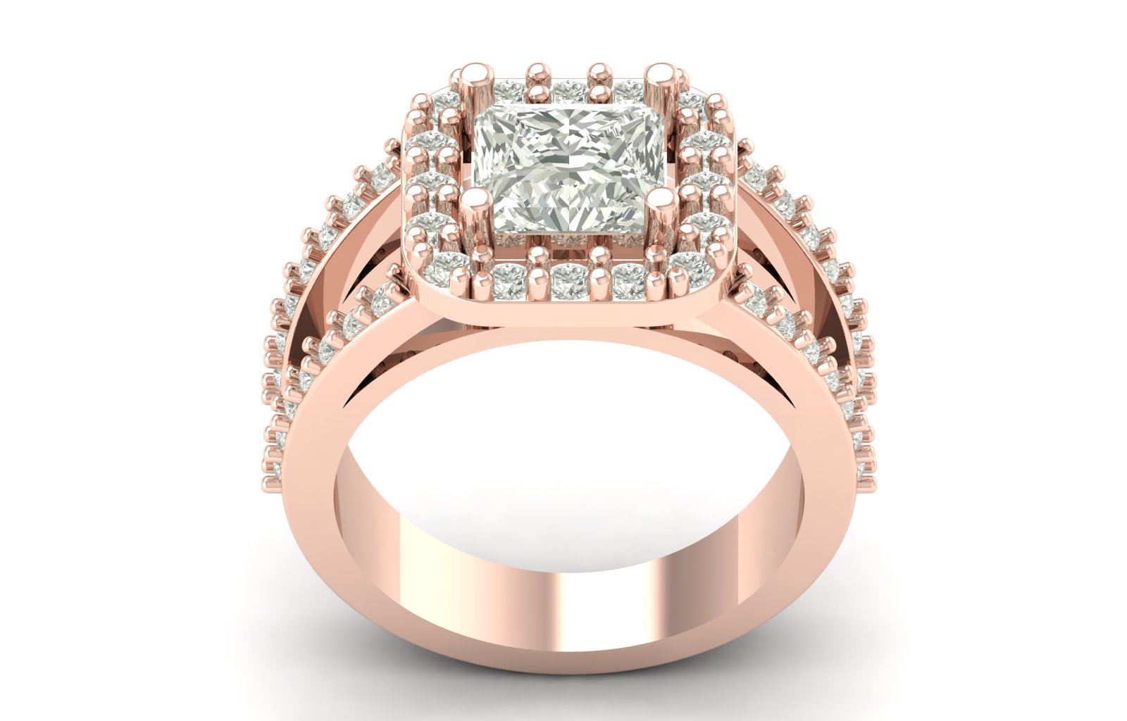 2.98 TW Unique Princess Cut Lab Grown Diamond Ring Halo & Prong Set Engagement Ring Split Wedding Ring Set PR636