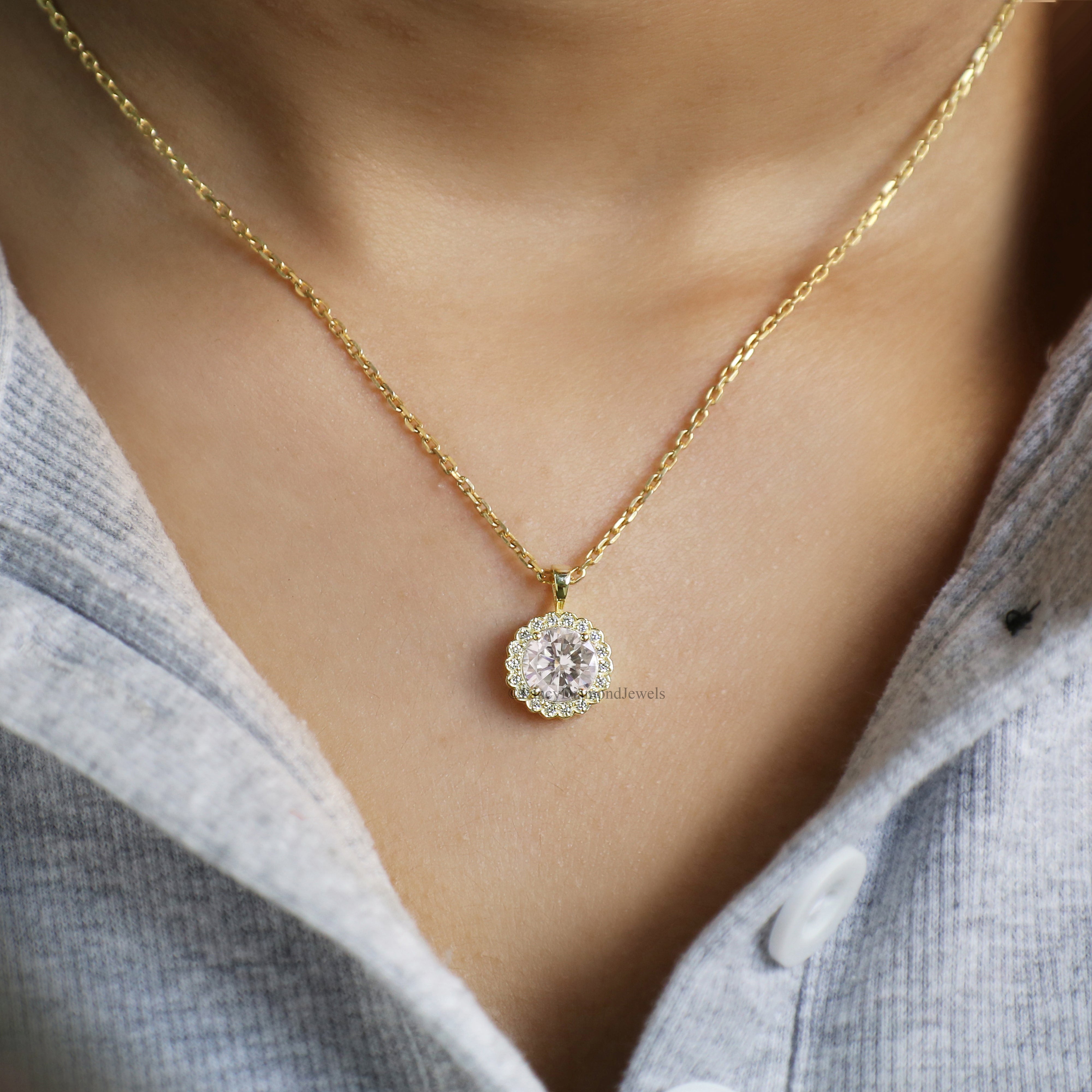 Yellow Gold Halo Pendant Necklace for Women Round Cut Pendant Necklace with Moissanite Stones Necklace for Teen Girls and Women FD189