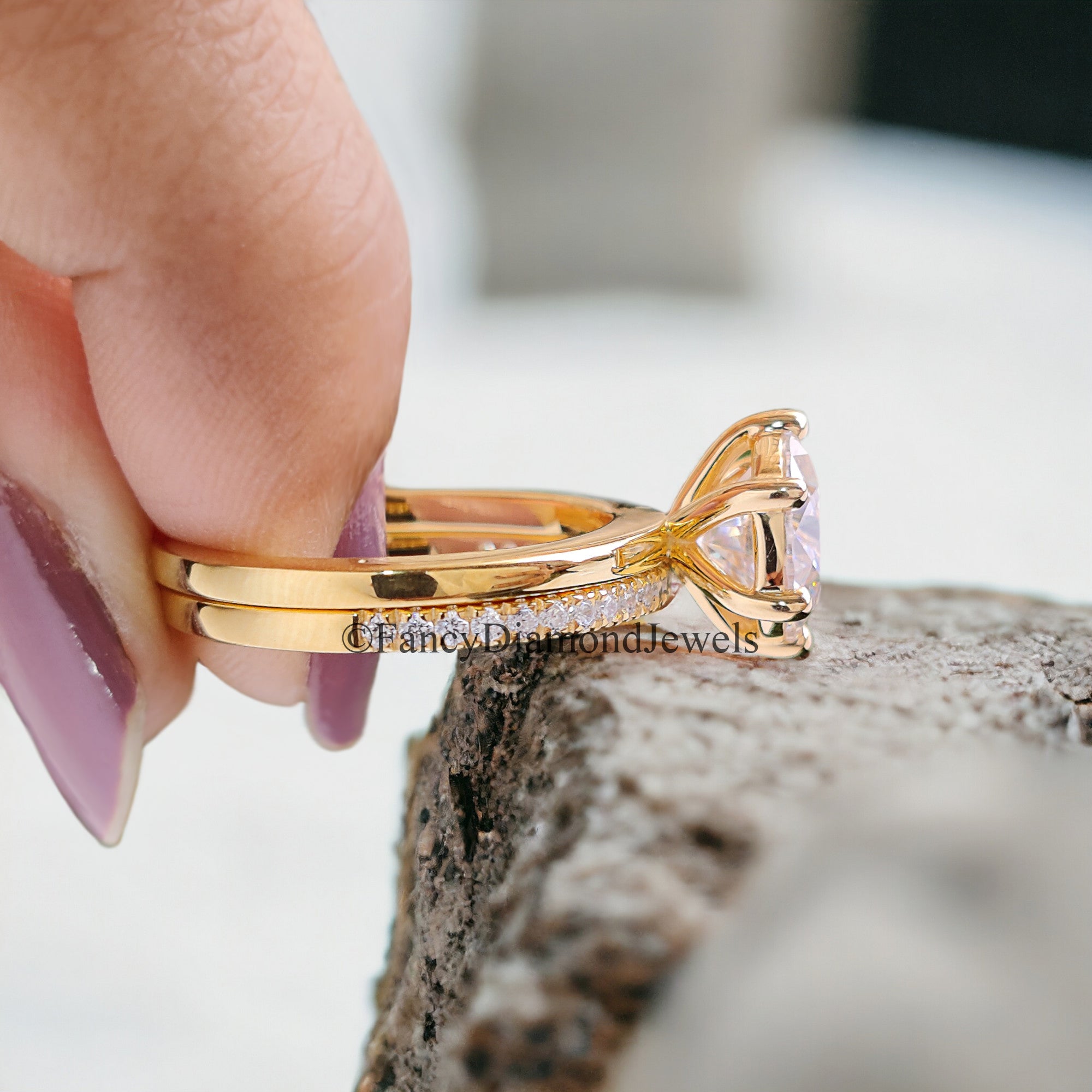 Round Moissanite Bridal Ring Solitaire Moissanite Engagement Ring Eternity Moissanite Wedding Band 14K Solid Gold Anniversary Ring Set FD98