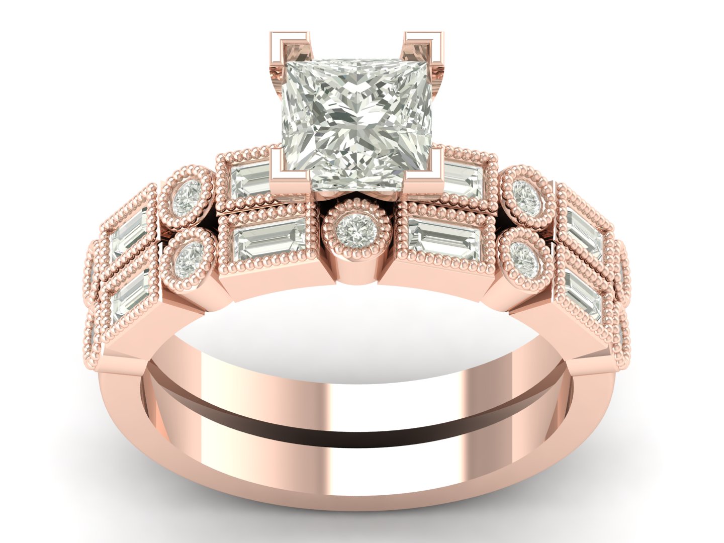 1.86 TW Unique Princess Cut Lab Grown Diamond Ring Engagement Ring Baguette/ Round Band Wedding Ring PR603