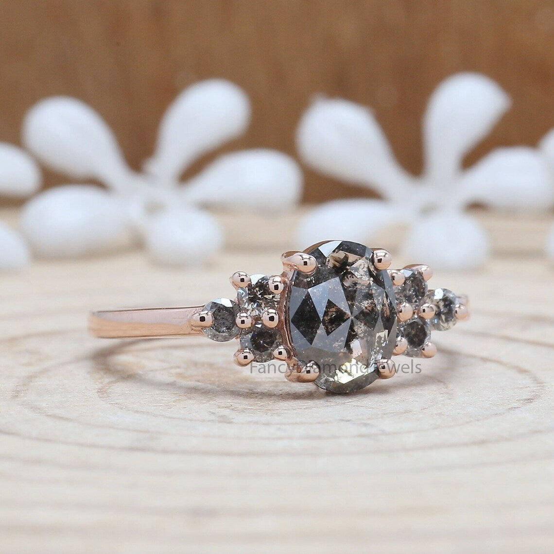 Oval Cut Salt And Pepper Diamond Ring 0.88 Ct 7.70 MM Oval Diamond Ring 14K Solid Rose Gold Silver Oval Engagement Ring Gift For Her QN828