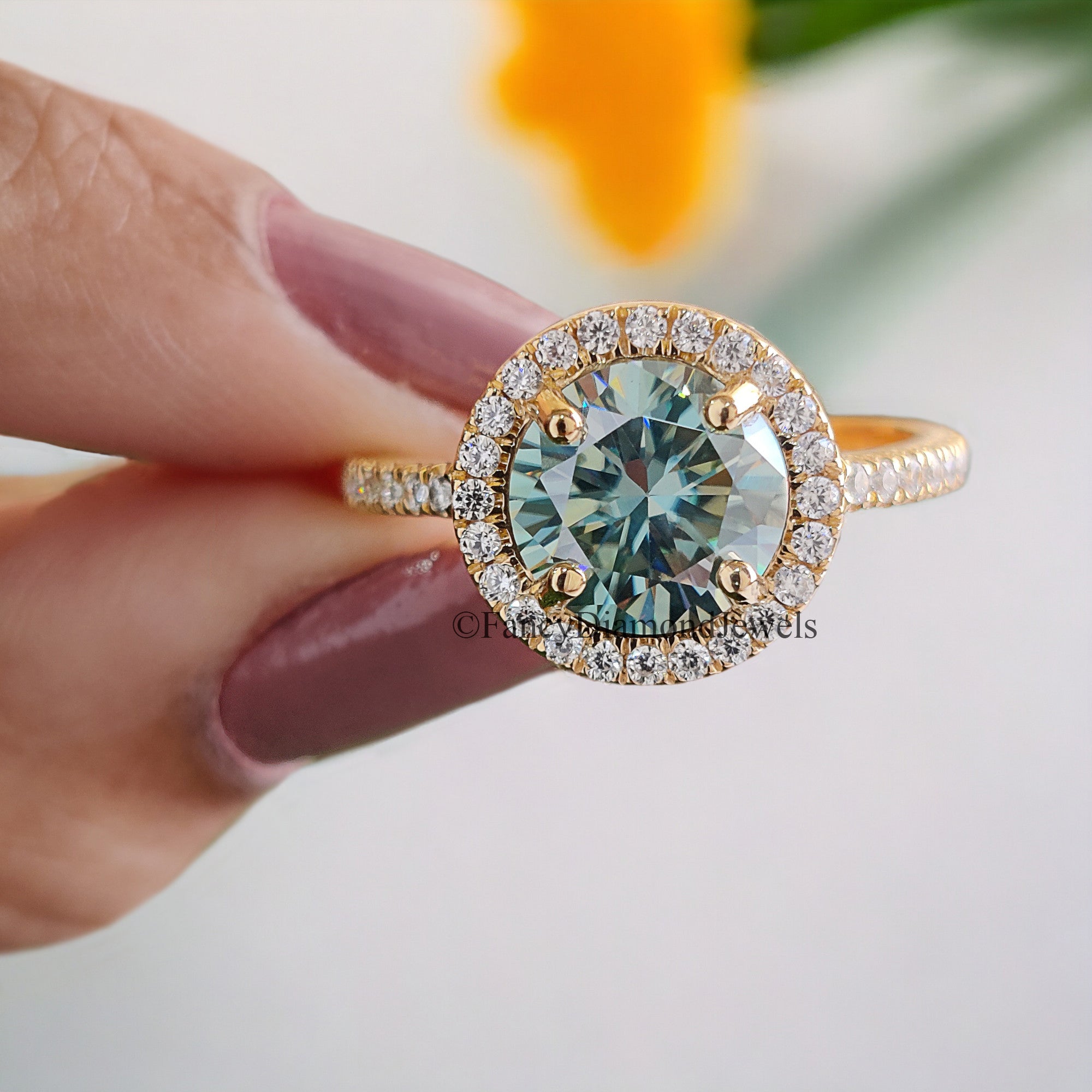 Halo Engagement Ring 1.70 CT Round Cyan Blue Moissanite Ring Wedding Ring Promise Ring Gift for Mother/Wife Ring for Women Unique Ring FD87