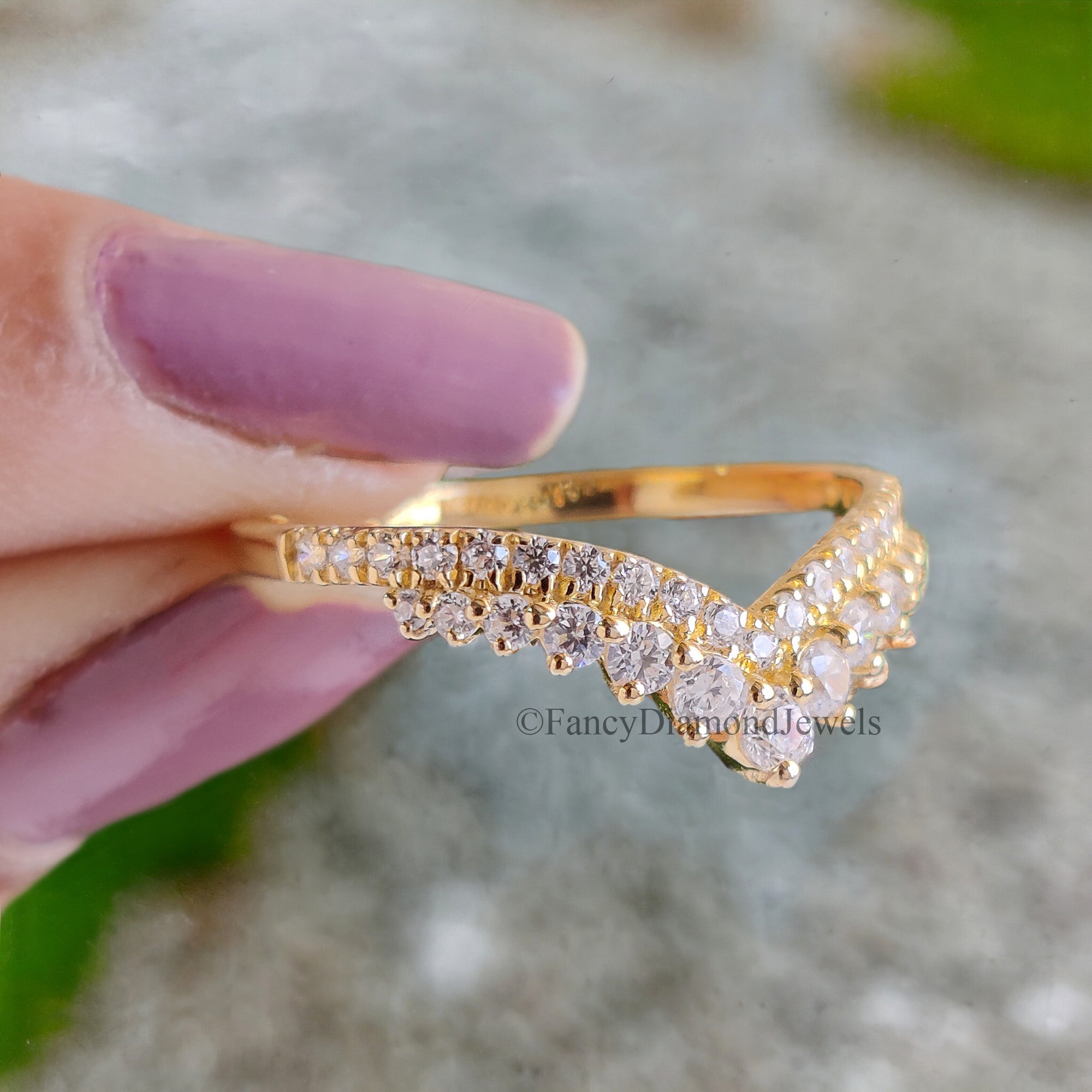 Vintage Diamond wedding band Yellow gold Round cut moissanite matching band Stacking Band curved wedding band Unique Anniversary ring FD41