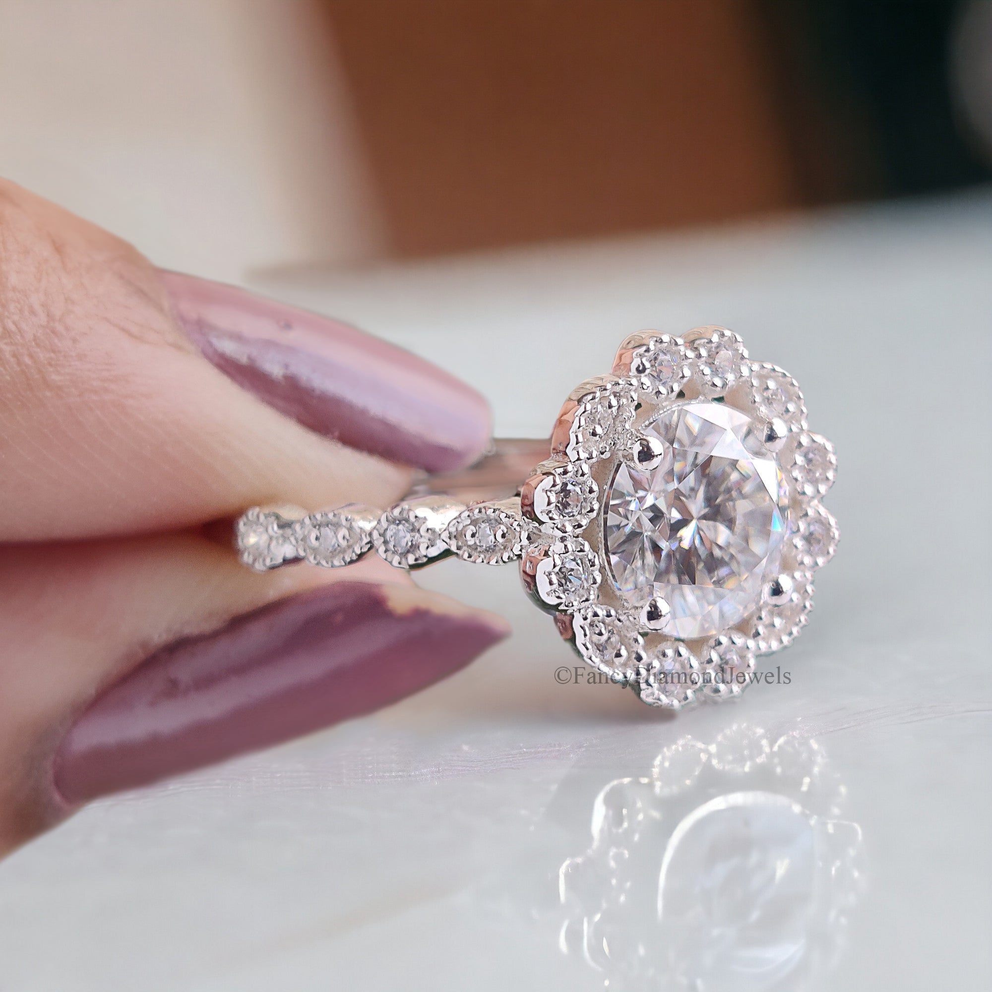 Round Cut Moissanite Engagement Ring Halo Milgrain Engagement Ring Handmade Jewelry White Gold Wedding Ring Surprise Gifts for Her FD124