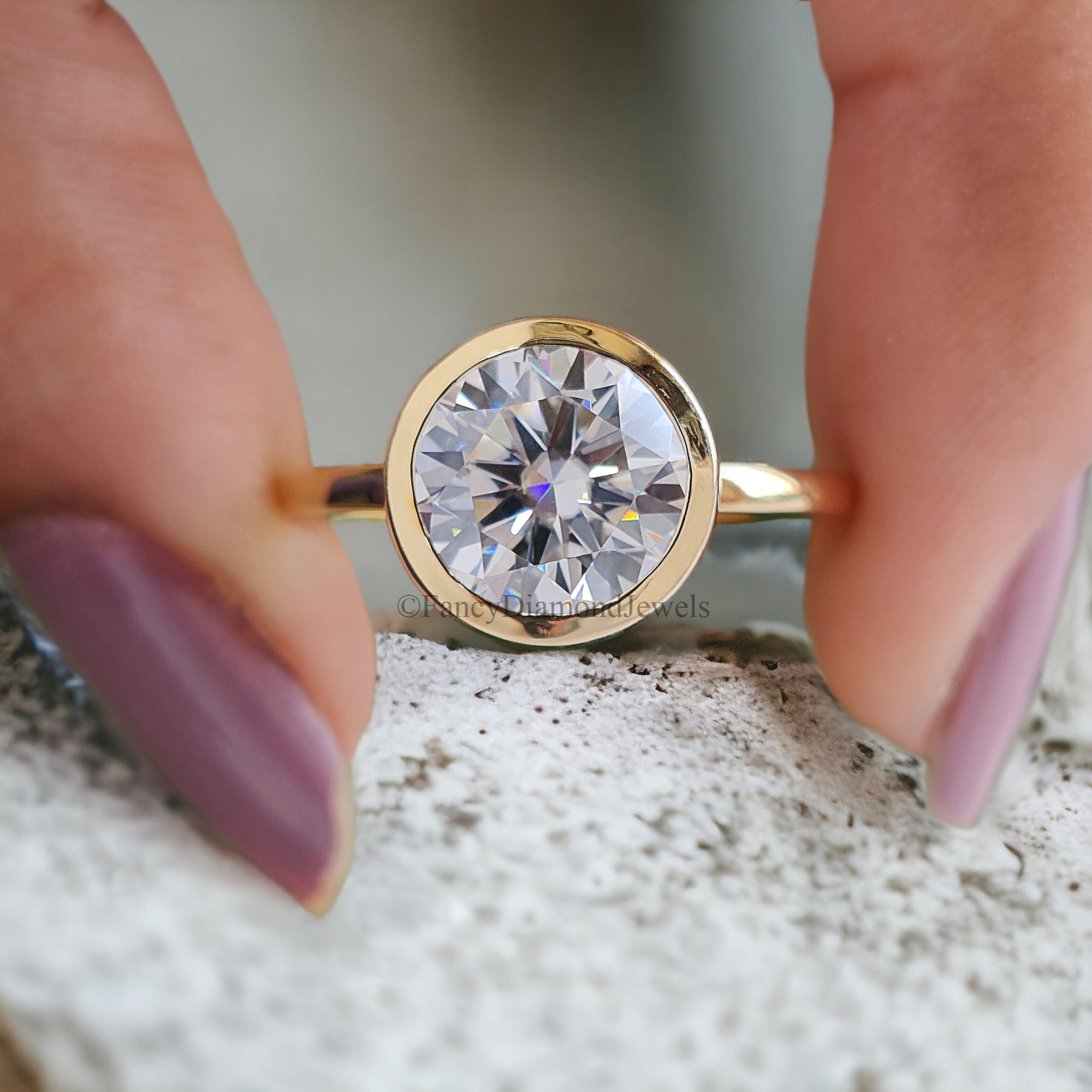 Unique 8 MM Round Heart and Arrows Cut Colorless Moissanite Bezel Set Ring Solitaire Engagement Ring Flat Comfort Fit Band Bridal Set FD113