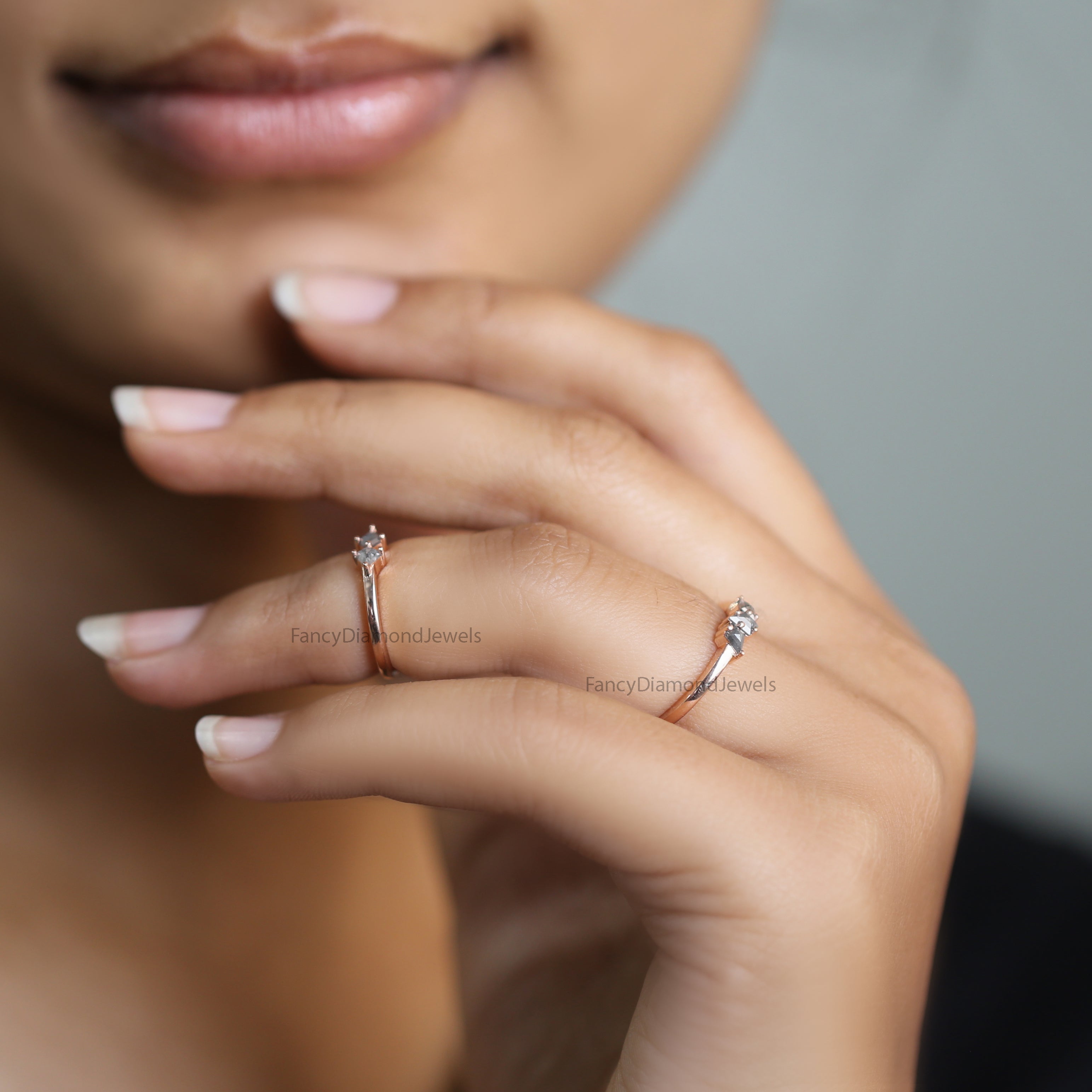 Salt And Pepper Pair Diamond Midi Ring, Kite Shape Engagement Ring, Salt And Pepper Diamond Ring, Full Finger Ring, Finger pair Ring KDN2297