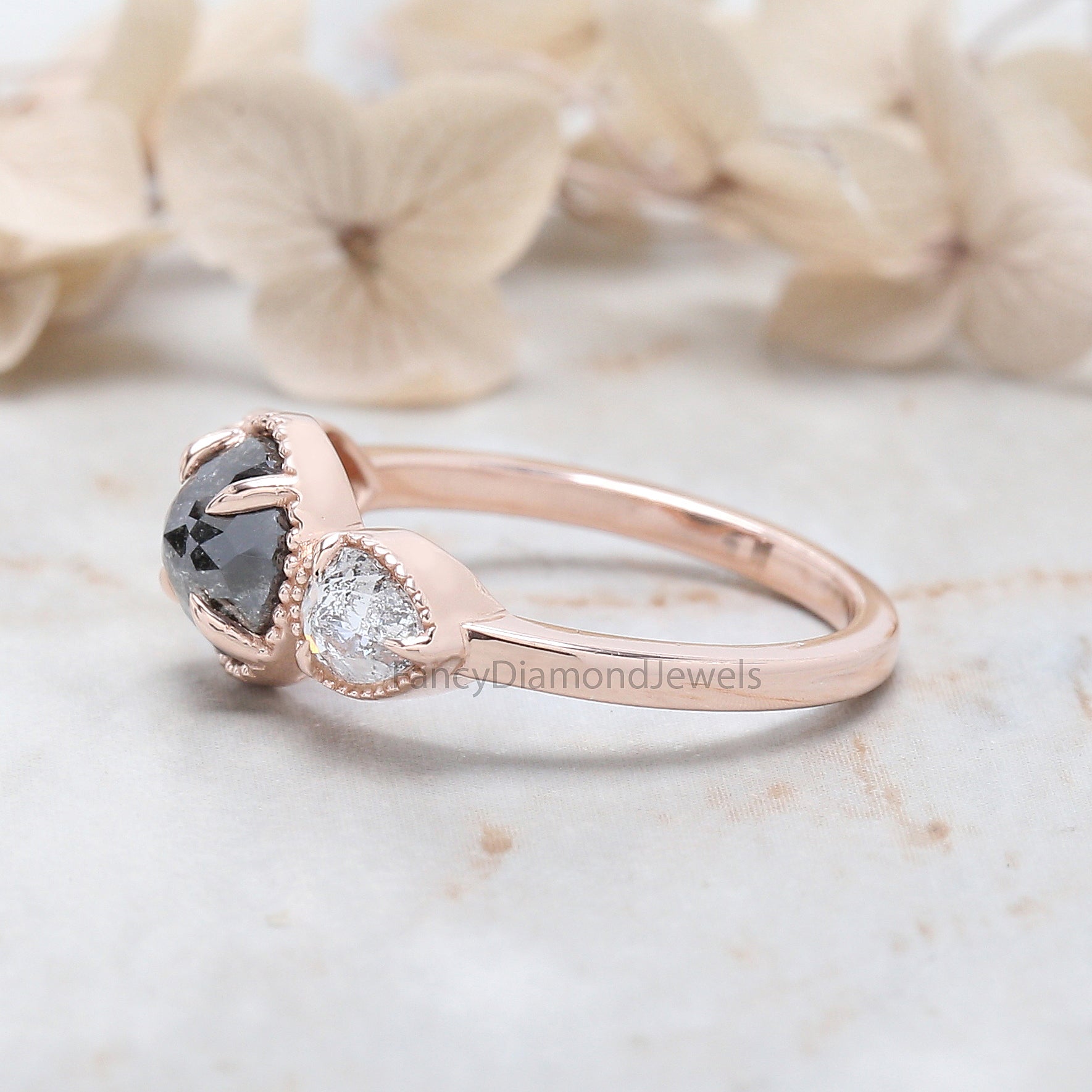 Round Rose Cut Salt And Pepper Diamond Ring 1.16 Ct 6.45 MM Round Diamond Ring 14K Rose Gold Silver Engagement Ring Gift For Her QN9777