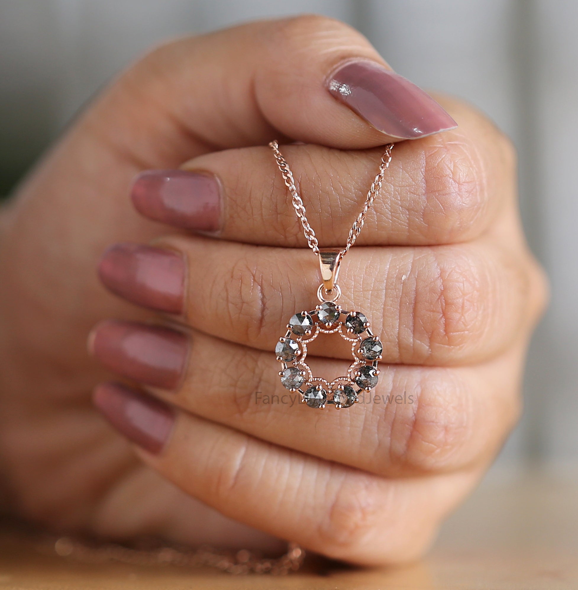 Round Rose Cut Salt And Pepper Diamond Pendant, Unique Diamond Pendant, Round Cut Diamond Pendant, Dangling Diamond Pendant KD1185