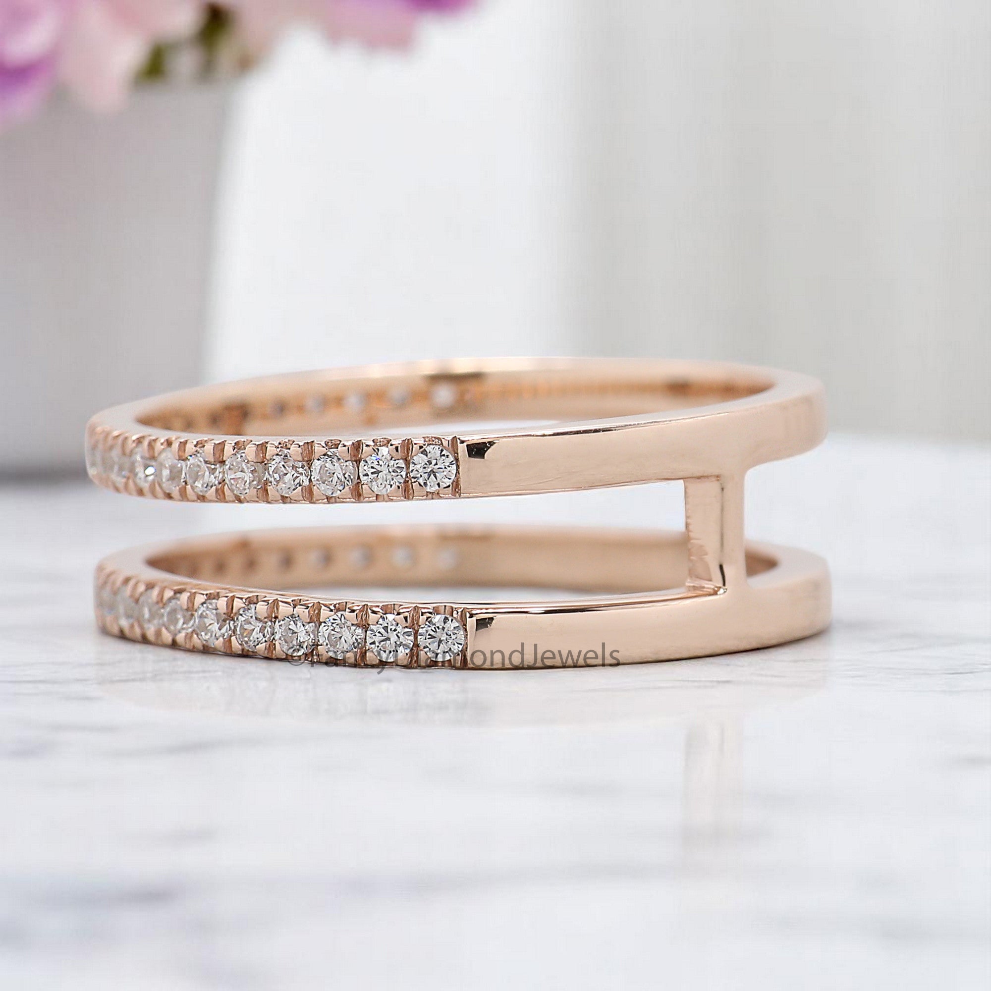 Round Cut Double Diamond Wedding Band Silver/10K/14K/18K Band Half Eternity Minimalist Ring stacking dainty matching anniversary ring KD898