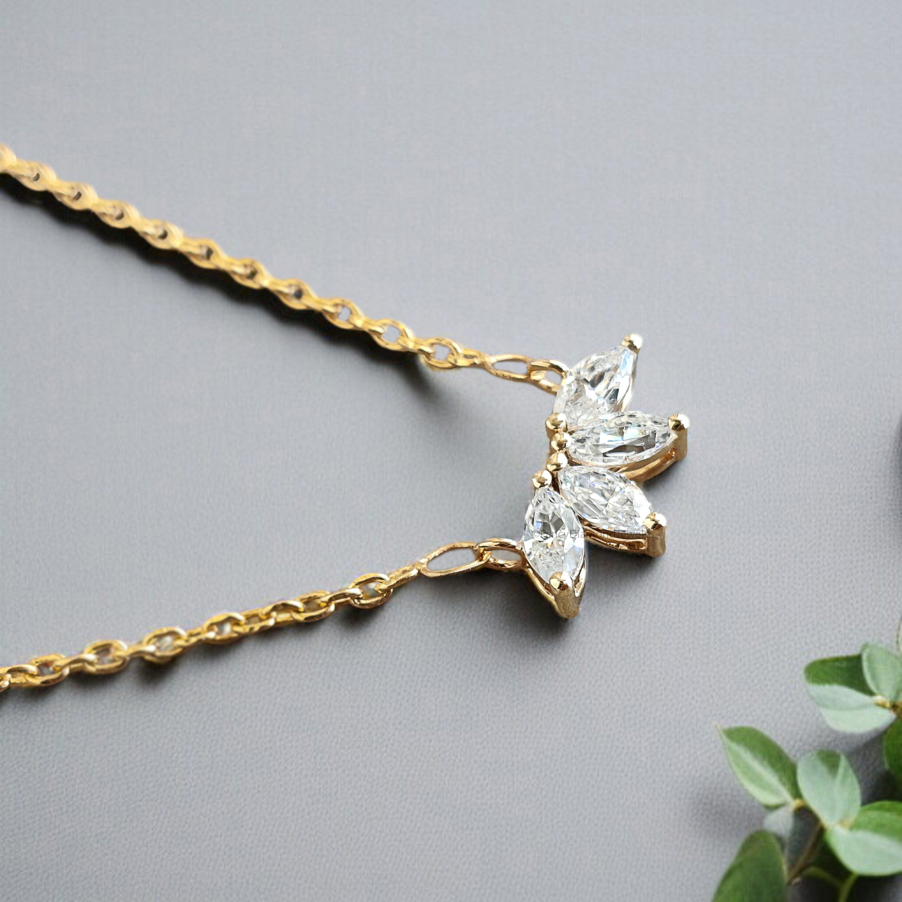 Marquise Cut CZ Diamond Flower Necklace Yellow Silver handmade jewelry Necklace Marquise Shape prong basket set Necklace With Chain FD481
