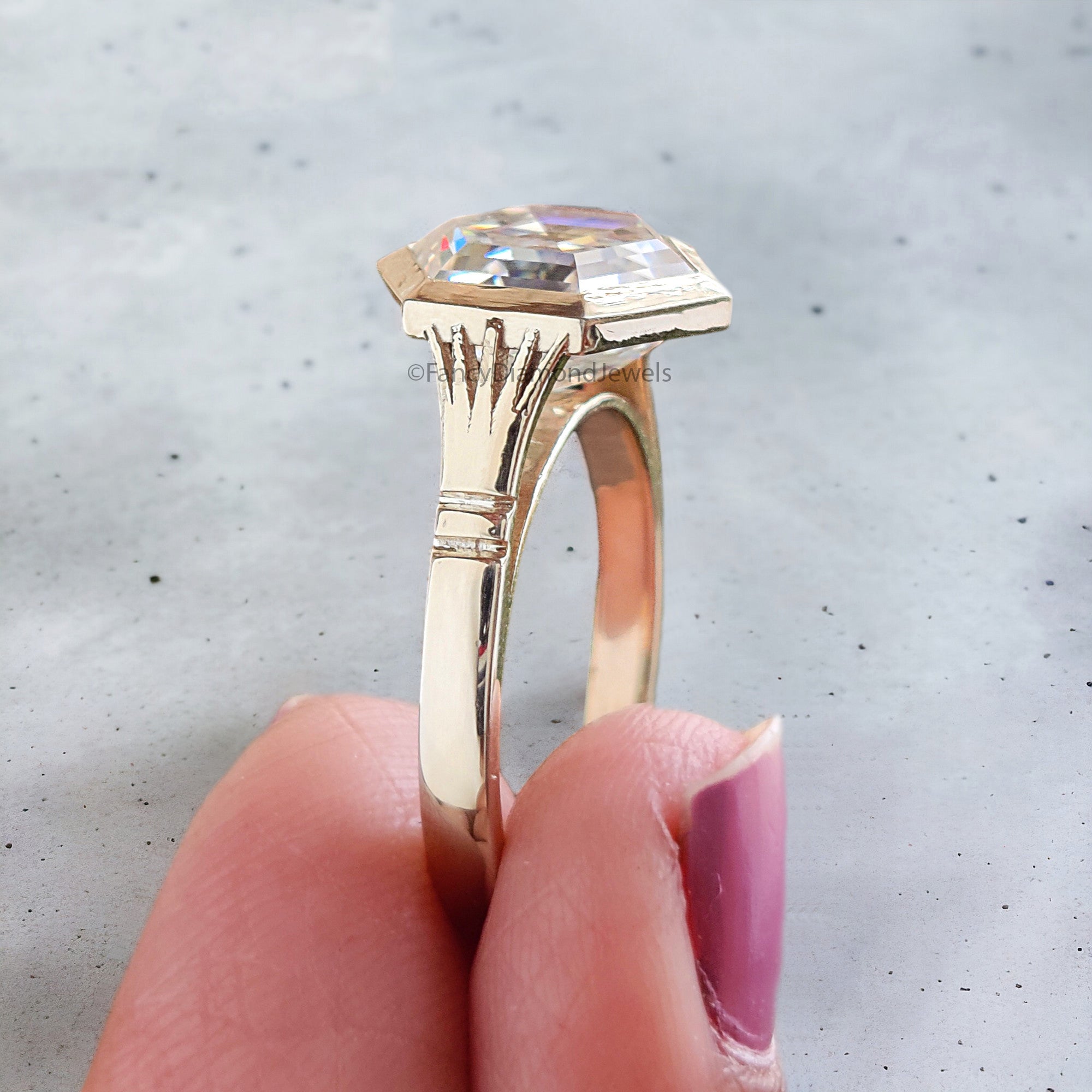 3.20 CT Elongated Hexagon Cut Moissanite Engagement Ring Yellow Gold Ring Bezel Set Art Deco Bridal Promise Anniversary Gift For Her FD316