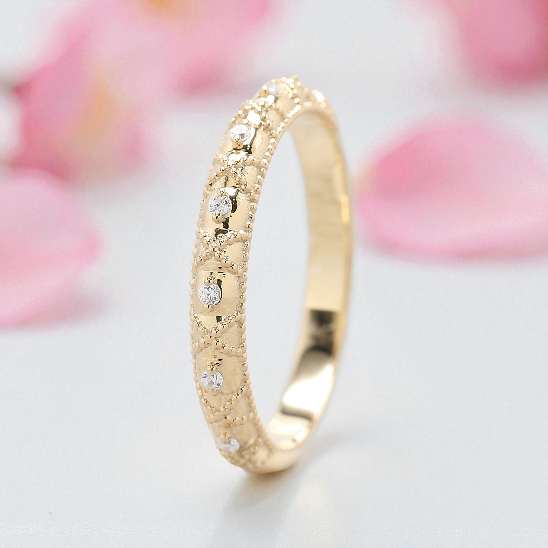 Half Eternity Band Vintage Lab Grown Diamond Wedding Band 14K Solid Gold Milgrain Band Ring Stackable Matching Rings Gift for Women FD453