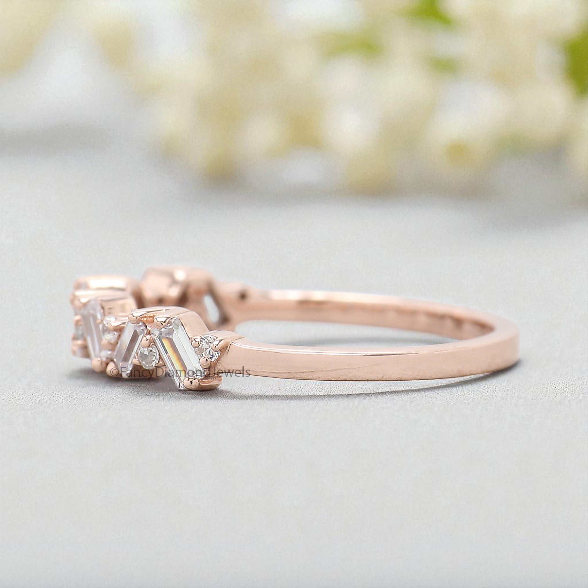 Baguette And Round Diamond Wedding Band Silver/10K/14K/18K Gold Half Eternity Minimalist stacking dainty matching anniversary ring KD892