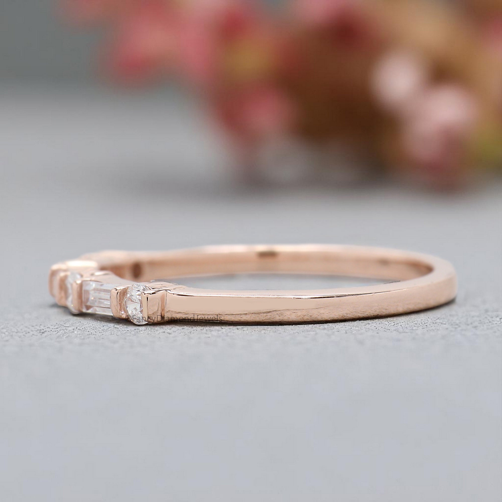 Baguette And Round Diamond Wedding Band Silver/10K/14K/18K Gold Half Eternity Minimalist stacking dainty matching anniversary ring KD893