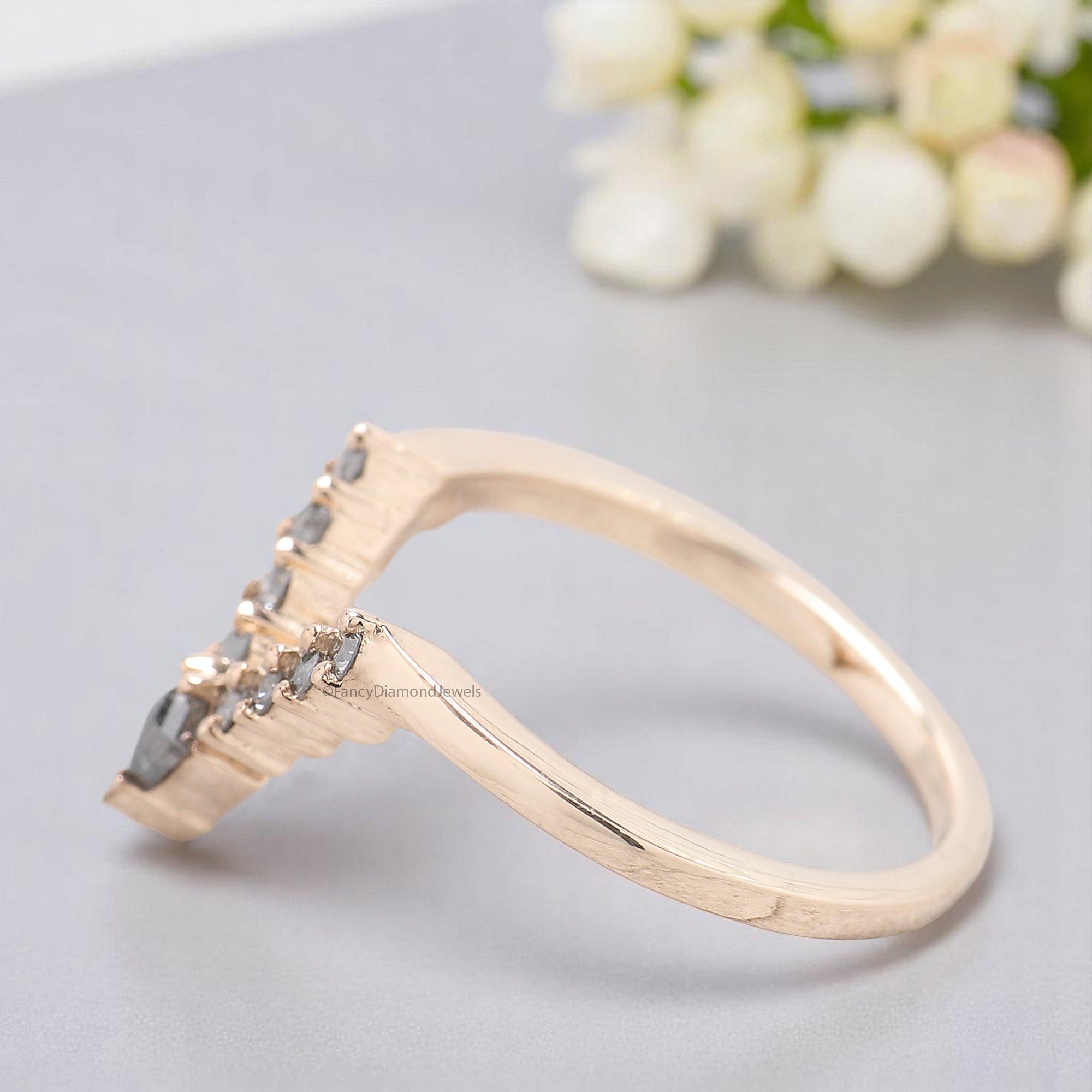 Salt And Pepper 0.32 TW Diamond Wedding Band Deep V Shape Band Silver/10K/14K/18K Gold Half Eternity anniversary Ring Gift For Her KD839