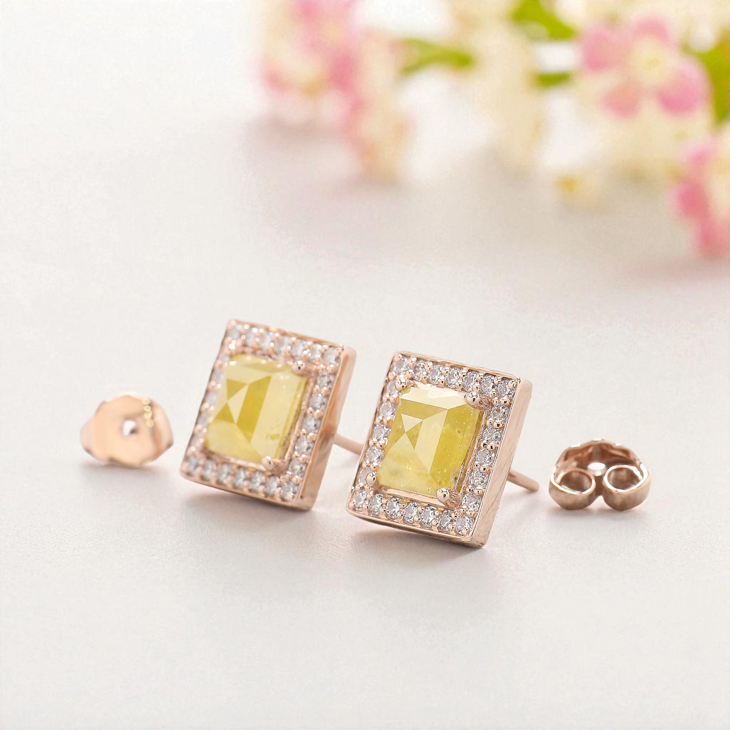 Rectangle Yellow Color Diamond Earring 2.37 Ct 8.30 MM Rectangle Diamond Earring 14K Solid Rose Gold Silver Earring Gift For Her KDN7986