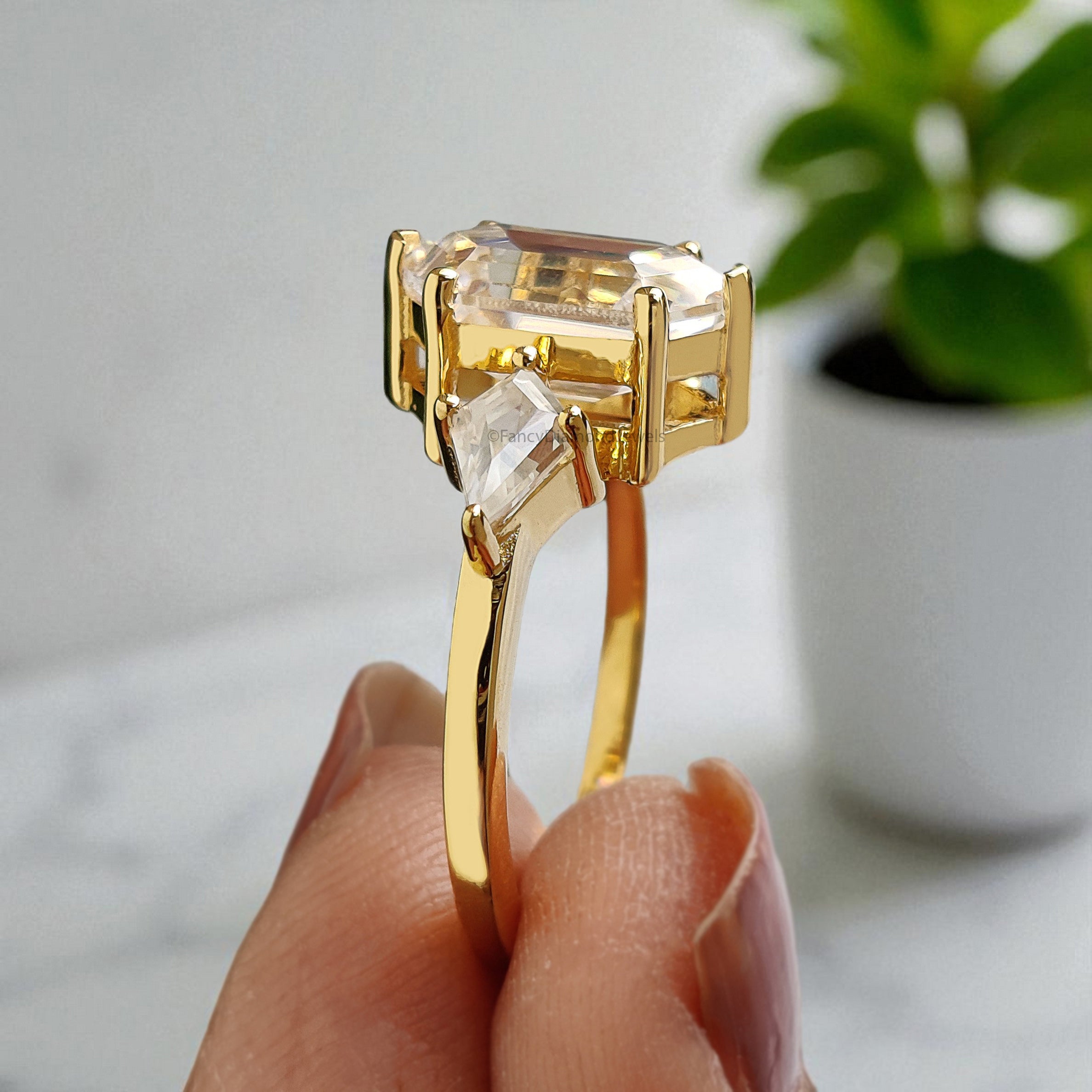 4.55 CT Hexagon Cut Simulated Diamond Engagement Ring 3 Stone Ring Yellow Gold Ring Anniversary Ring Simulant ring Gift For Her FD395