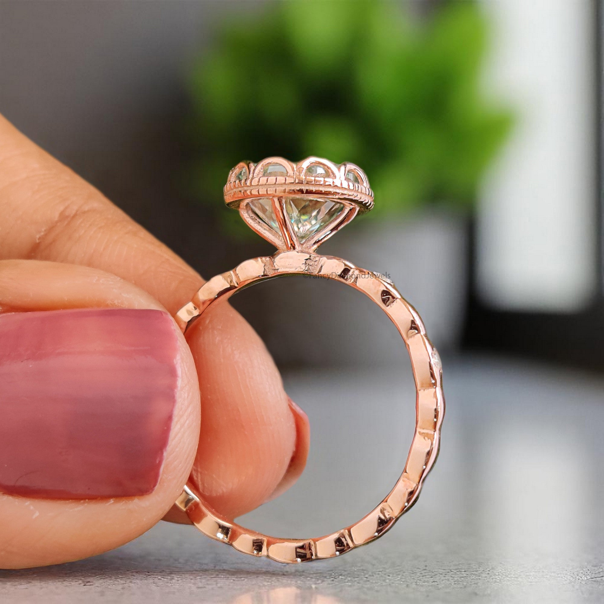 Portuguese Round Shape Blue Moissanite Engagement Ring Bezel Set Rose Gold Vintage Ring Anniversary Ring Gift For Her Wedding Ring FD382