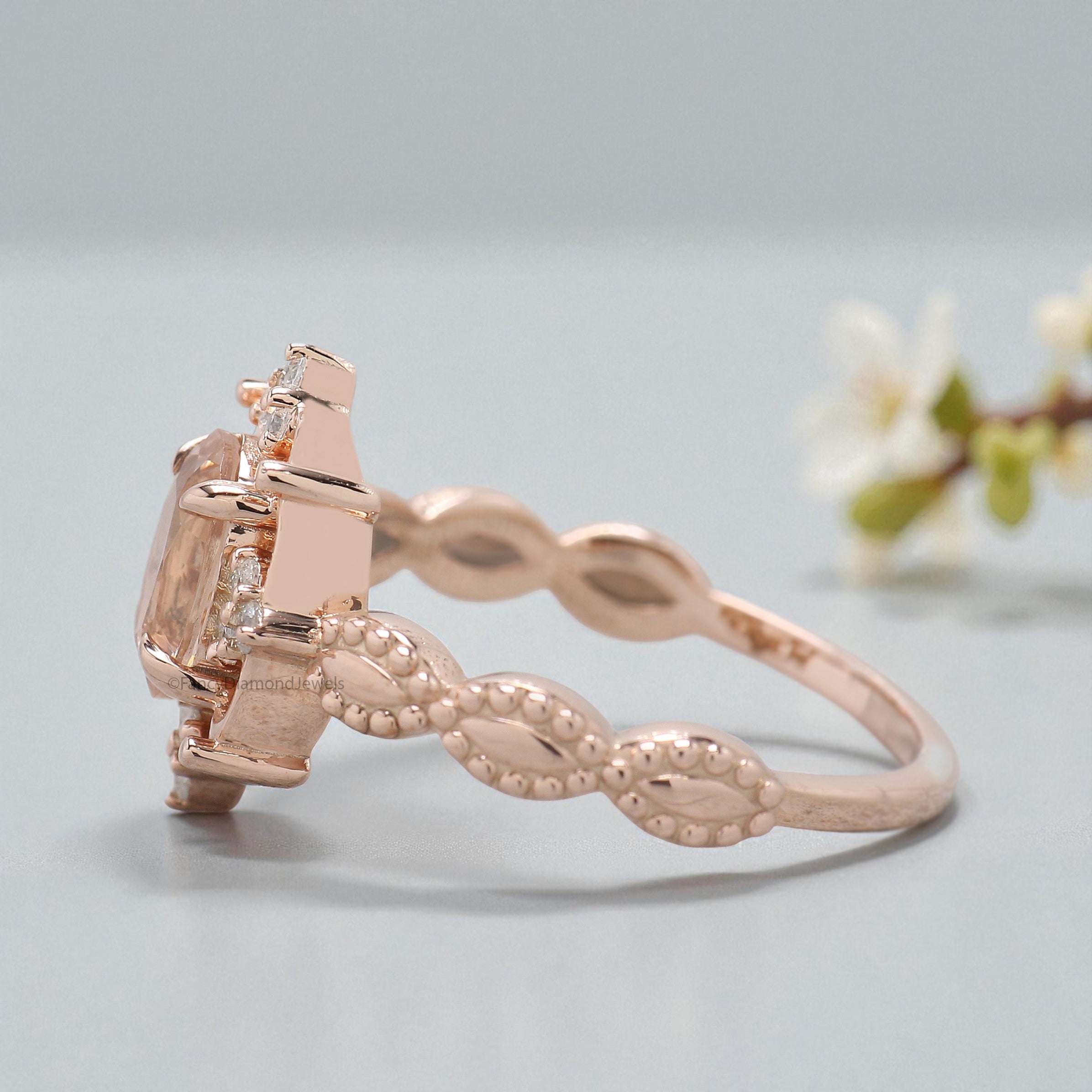 0.70 CT Oval Cut Natural Morganite Engagement Ring Rose Gold Ring Oval Shape Wedding Ring Unique halo Starburst Ring Gift For Her FD452