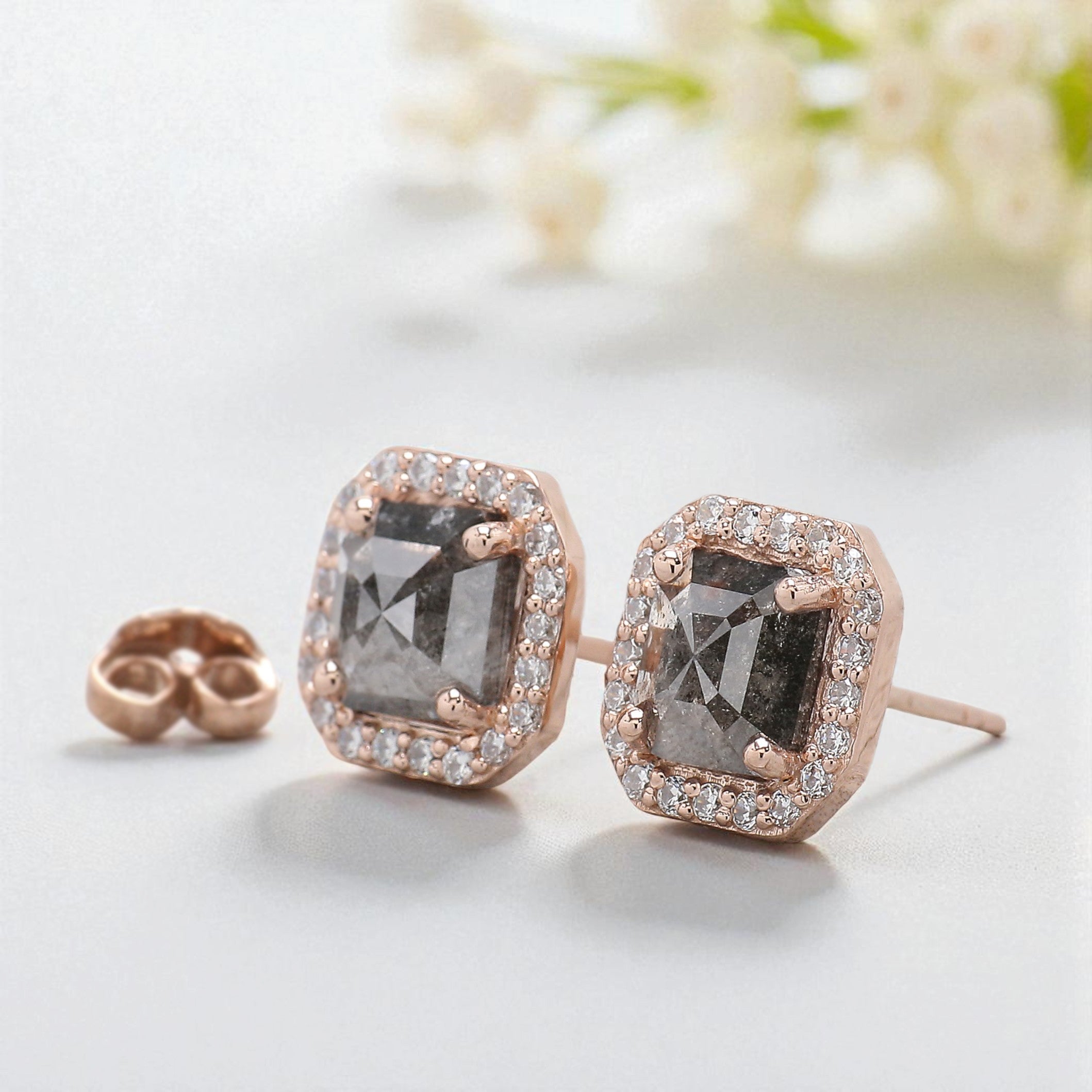 Emerald Shape Salt And Pepper Diamond Earring Emerald Earring Halo Set Earring Engagement Earring Earlobe Earrings Gift For Her KD860