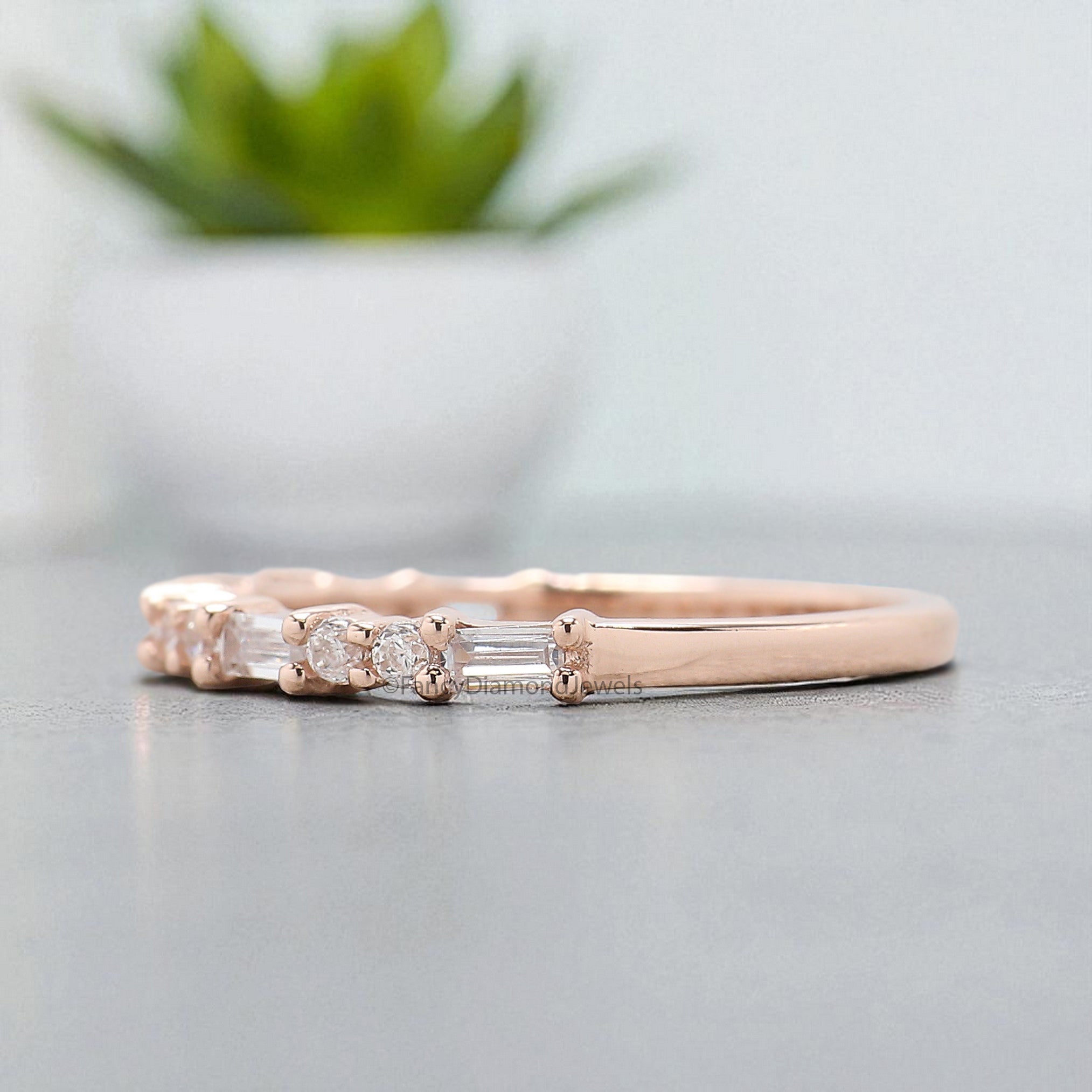 Silver/10K/14K/18K Gold Baguette And Round Diamond Wedding Band Half Eternity Minimalist stacking dainty matching anniversary ring KD1145