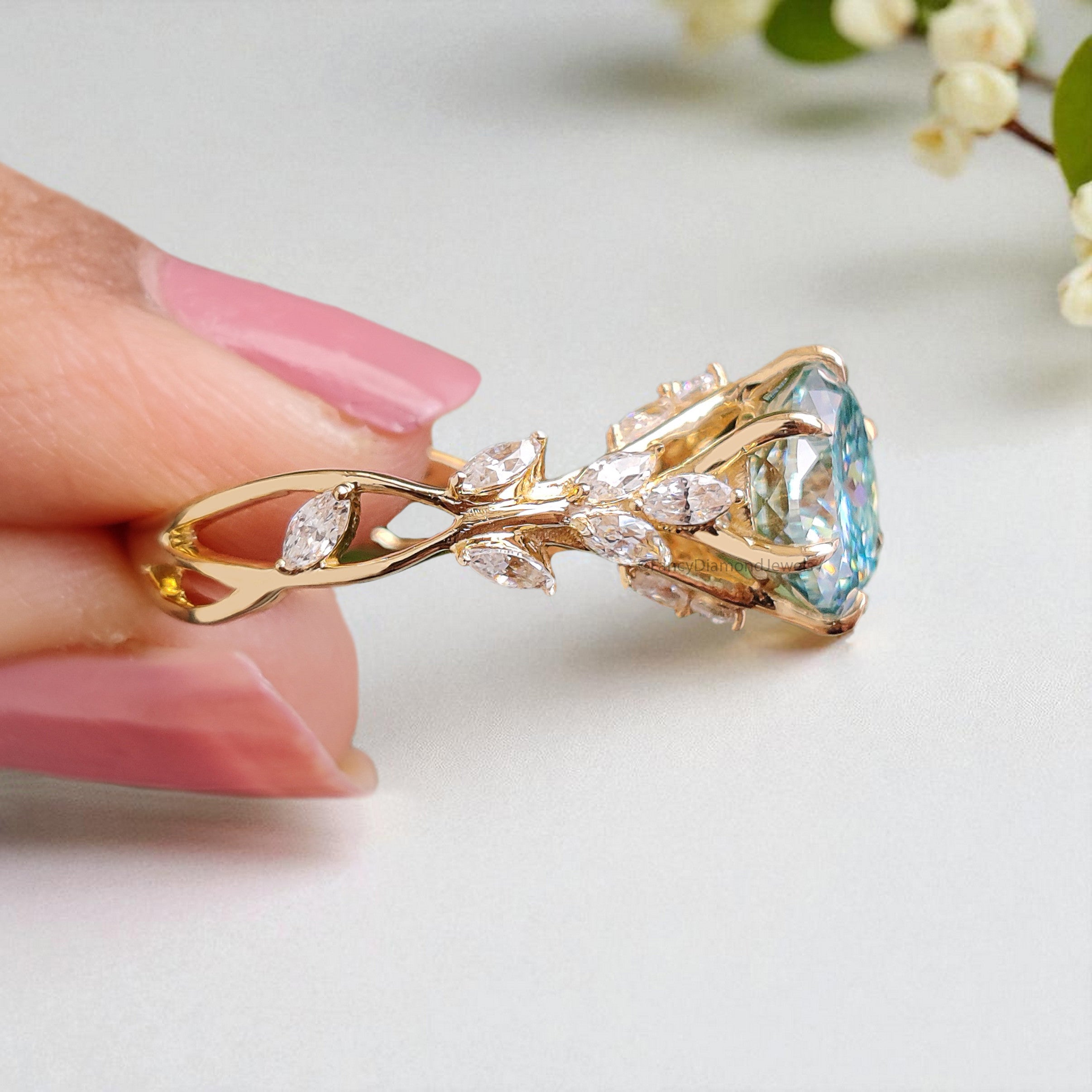 Floral Round Portuguese Cut Moissanite Engagement Ring Yellow Gold Ring Vintage Ring Anniversary Ring Nature Inspire Ring Wedding Ring FD408