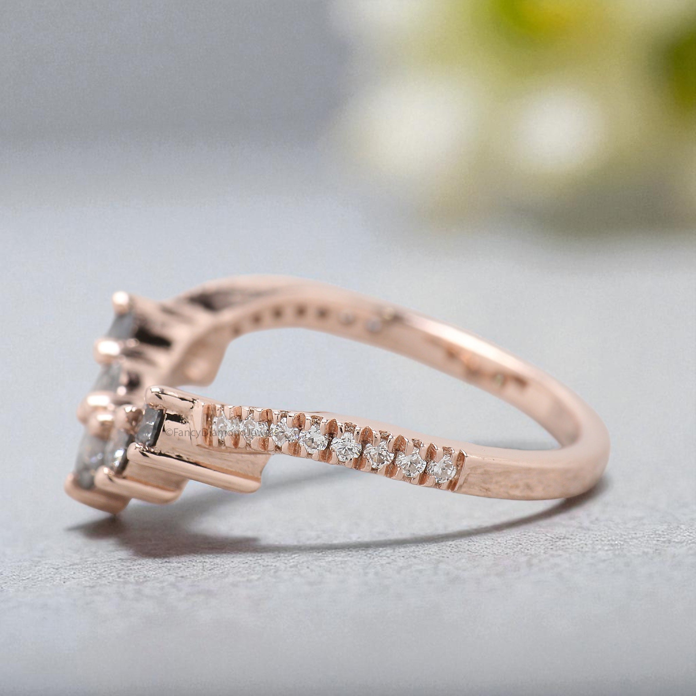 Curved wedding band 0.77 TW Round Salt And Pepper Diamond ring Chic Thin V Shaped band Silver/10K/14K/18K Band Half eternity band KD875