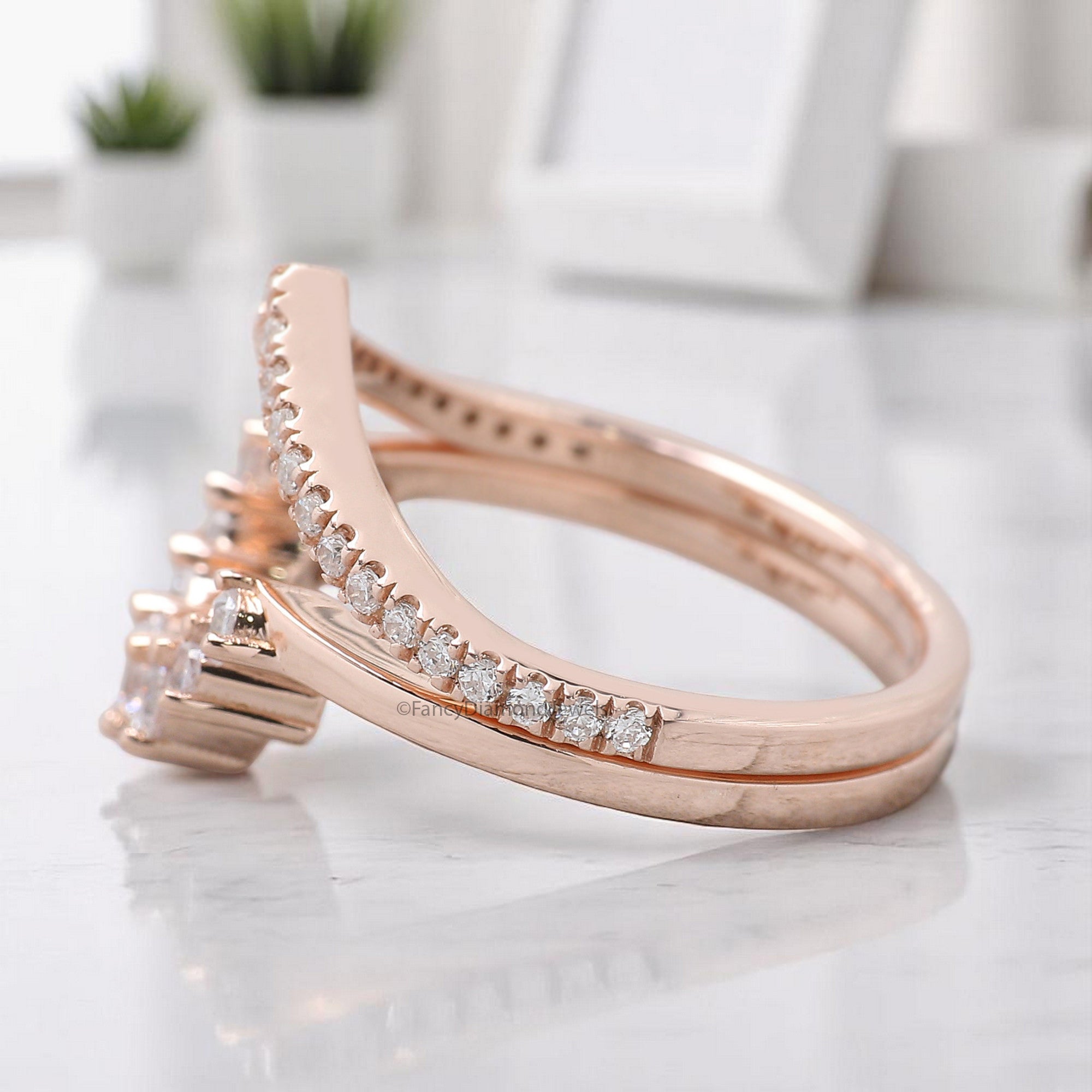 Double Banded Wedding Ring 0.56 TW Round Diamond Band V Shaped Silver/10K/14K/18K Band Half Eternity Engagement Band Anniversary Ring FD371