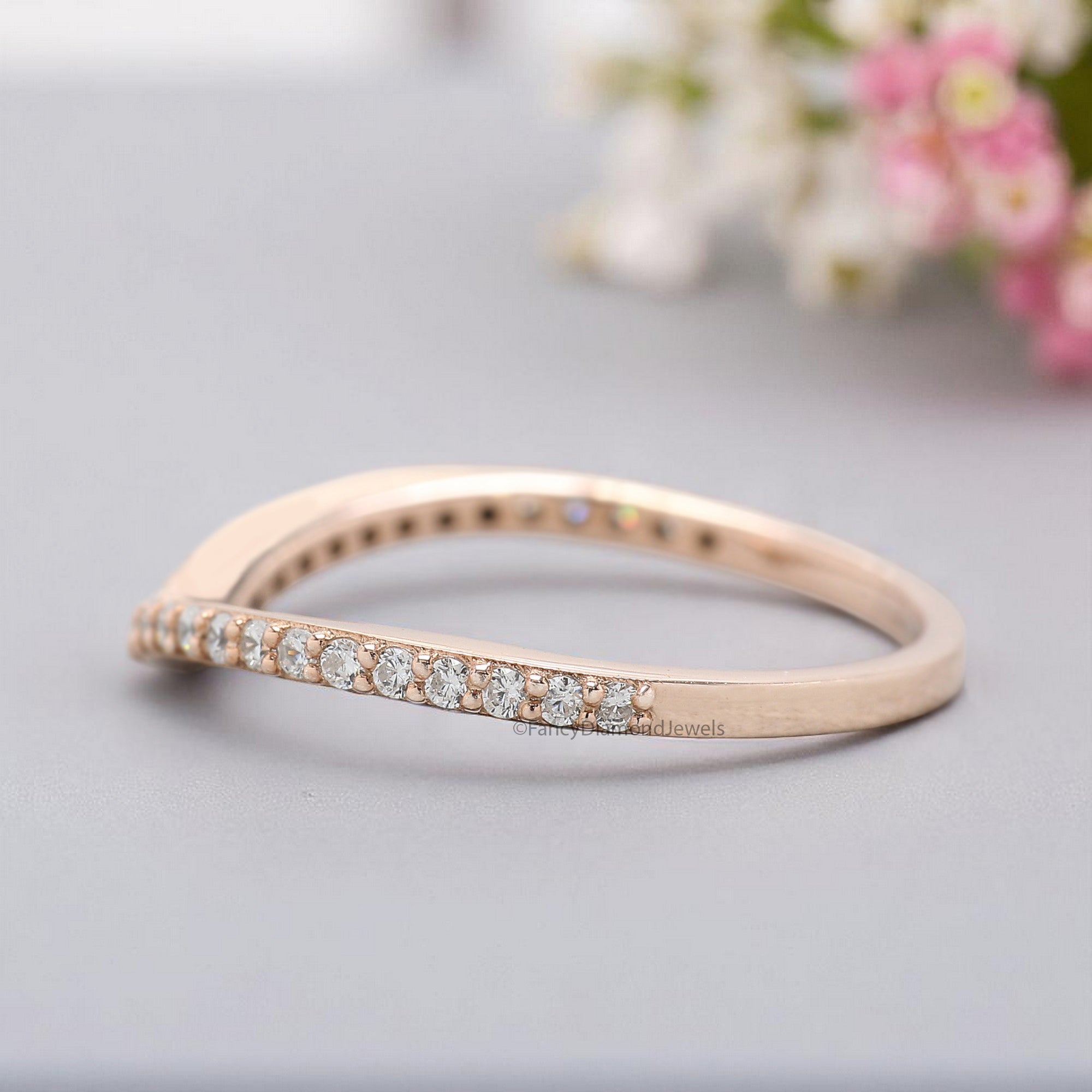V Shaped Wedding Band 0.20 TW Round Diamond Band Rose Gold Silver/10K/14K/18K Engagement Band Half Eternity Anniversary Ring FD377