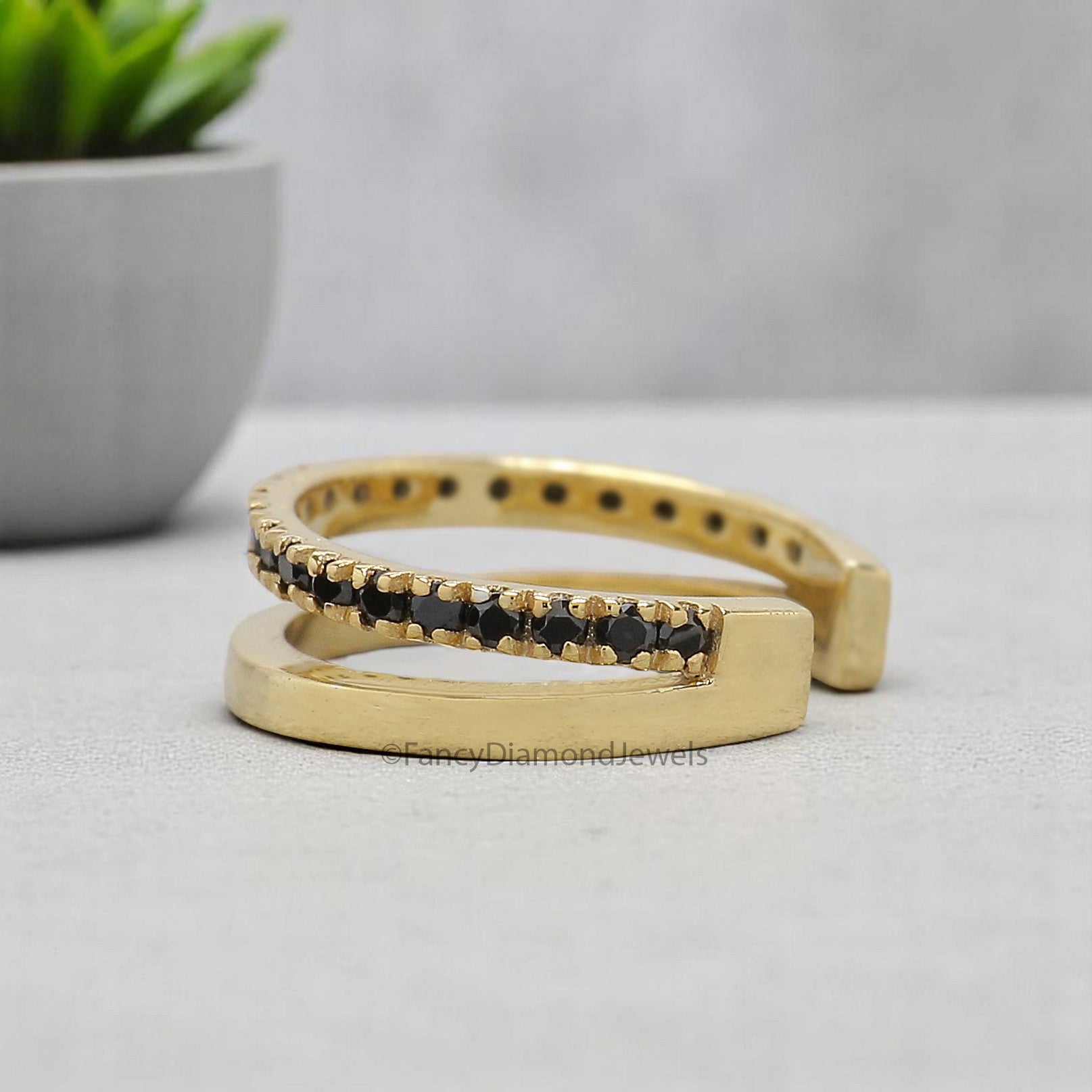 Round Brilliant Cut Black Color Diamond Ear Cuff Double Band Ear Cuff Dainty Ear Cuff Black Diamond Simulant Cuff Yellow Gold Ear Wrap FD354