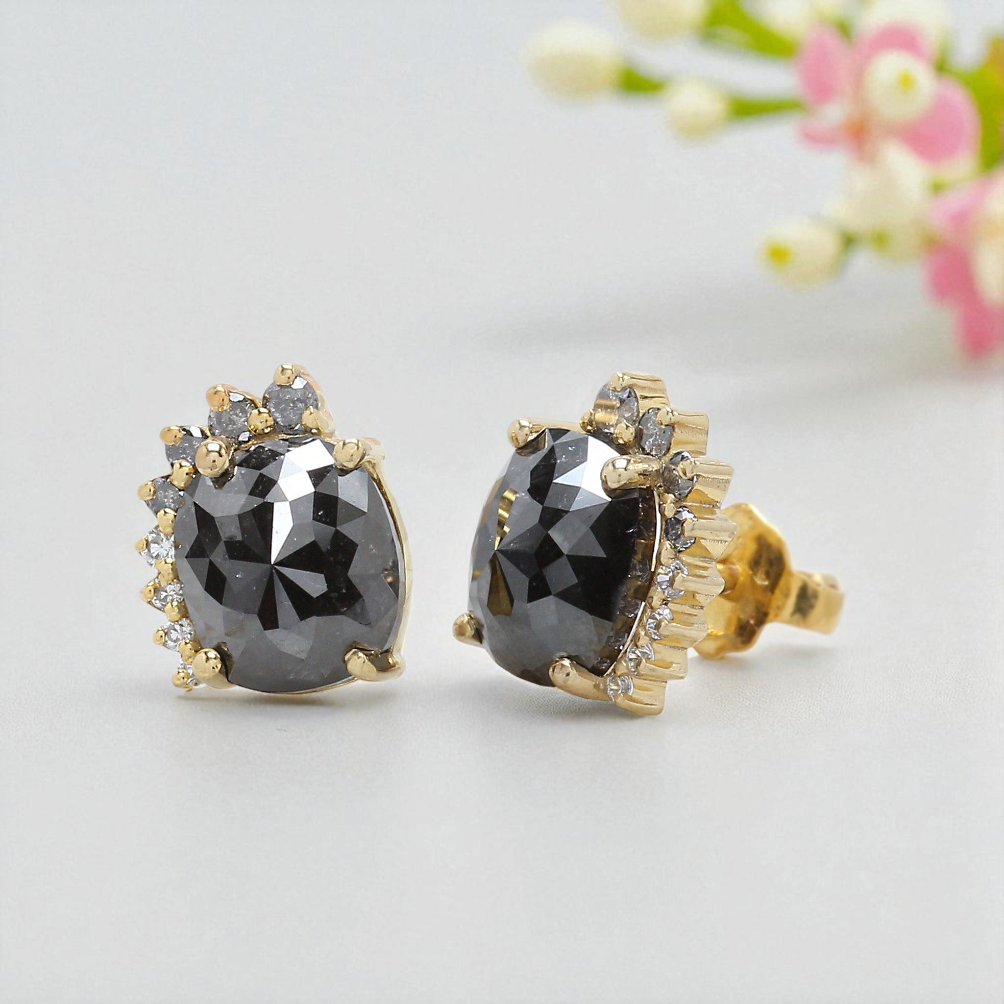 Cushion Black Color Diamond Earring 2.50 Ct 7.30 MM Cushion Diamond Earring 14K Solid Yellow Gold Silver Cushion Earring Gift For Her KD947