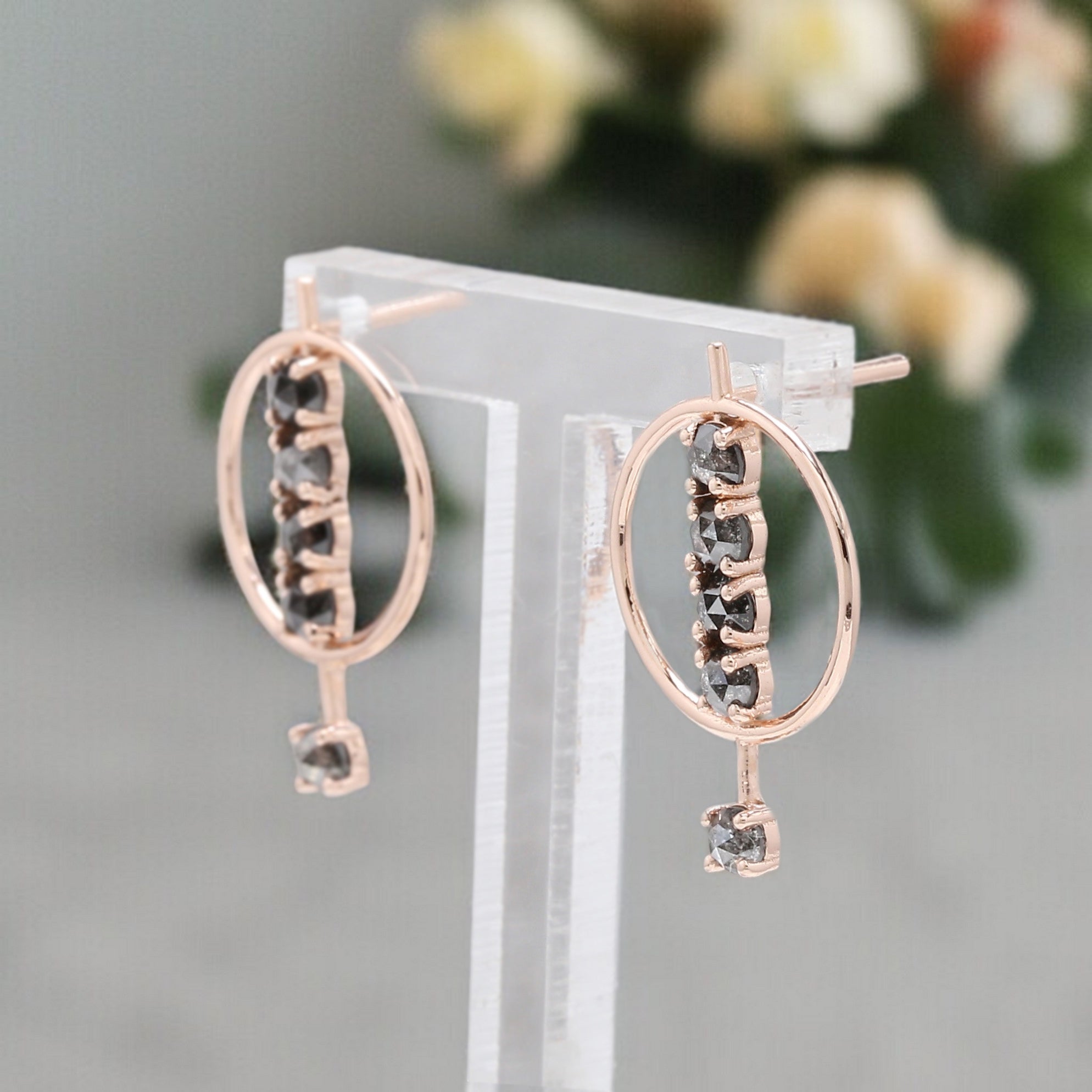 Round Rose Cut Salt And Pepper Diamond Earring 1.15 Ct 2.85 MM Round Diamond Earring 14K Solid Rose Gold Silver Earring Gift For Her KDN2305