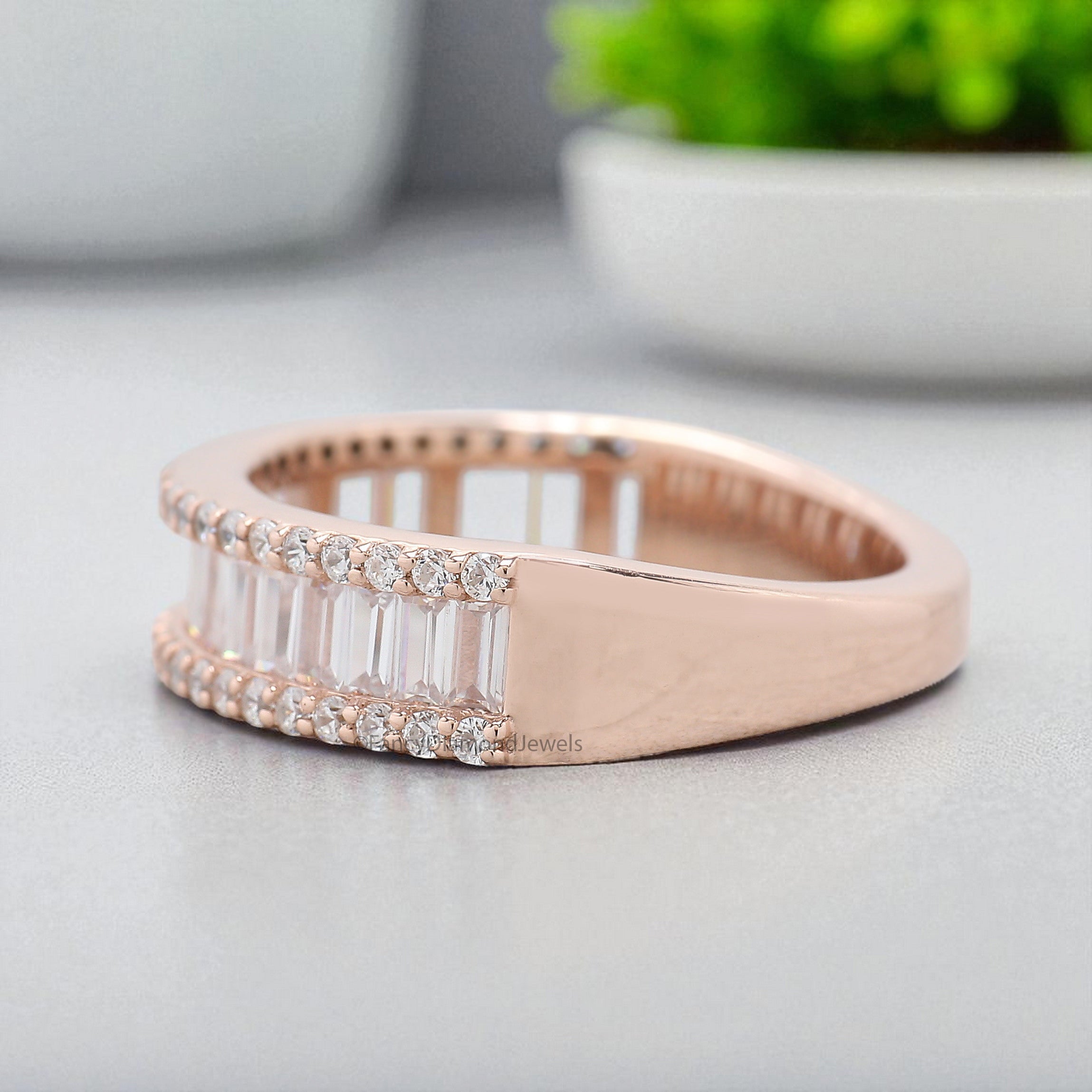 Natural Round / Baguette Diamond Wedding Band Half Eternity Minimalist stacking dainty matching Band Silver/10K/14K/18K Gold Band KD1168