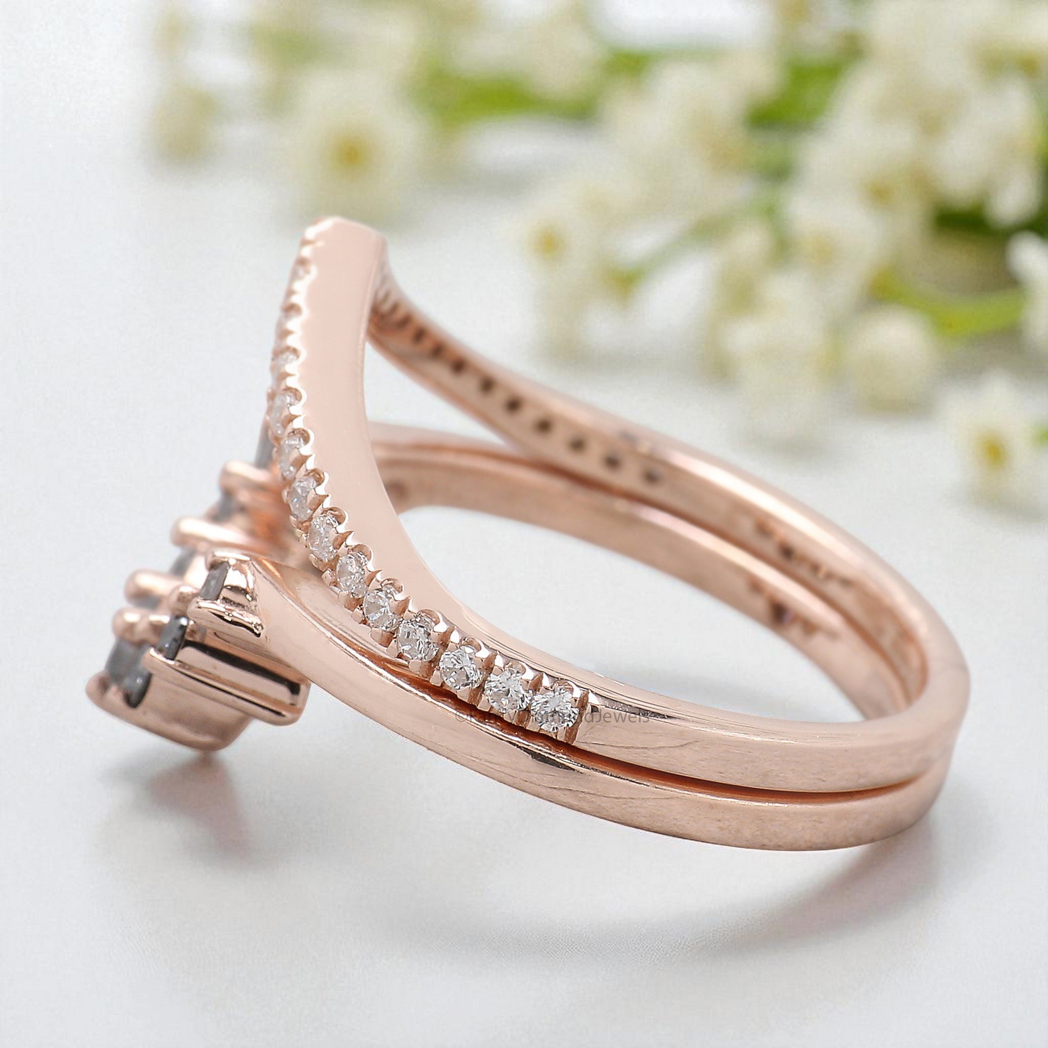 White /Salt And Pepper Round Diamond Wedding Ring V Shaped Band Silver/10K/14K/18K Band Half Eternity Engagement Band Anniversary Ring KD618