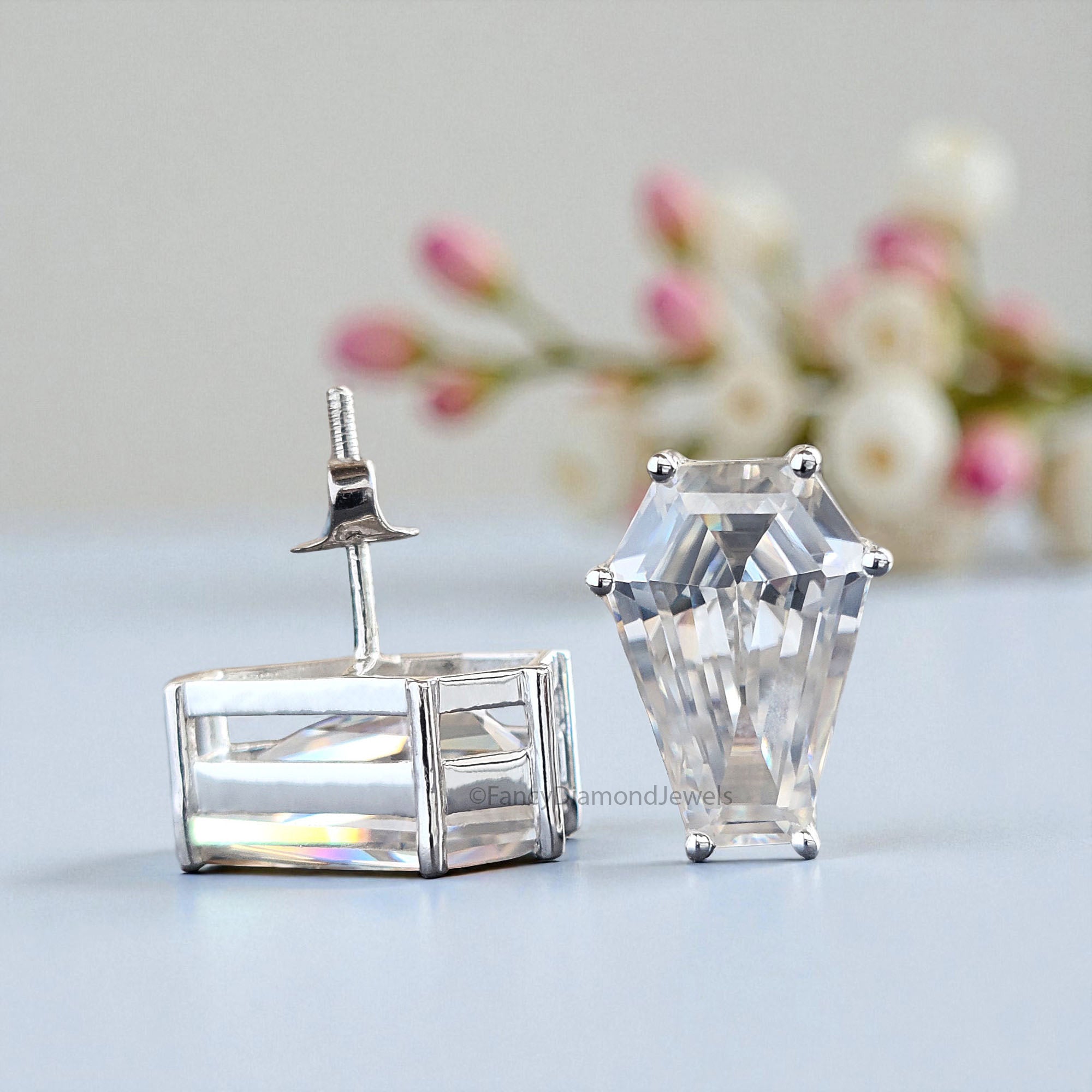 Moissanite Diamond Stud Earrings Coffin Cut Moissanite Earrings 8.35 TW Colorless Moissanite Screw Back Earrings Gift for Women FD59