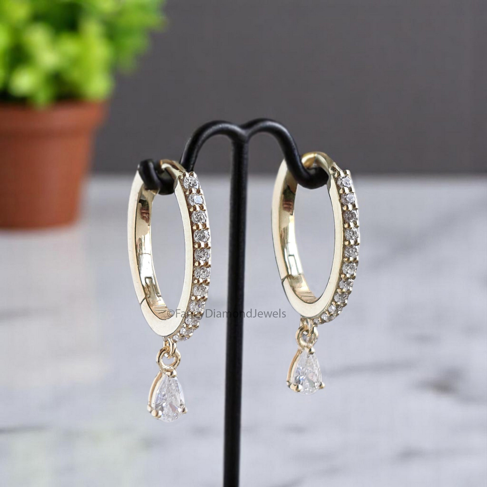 Pear Colorless Moissanite Earrings Huggie Hoop Dangle Earrings Bridal Earrings Yellow Gold Earrings Anniversary Gift For Women FD344