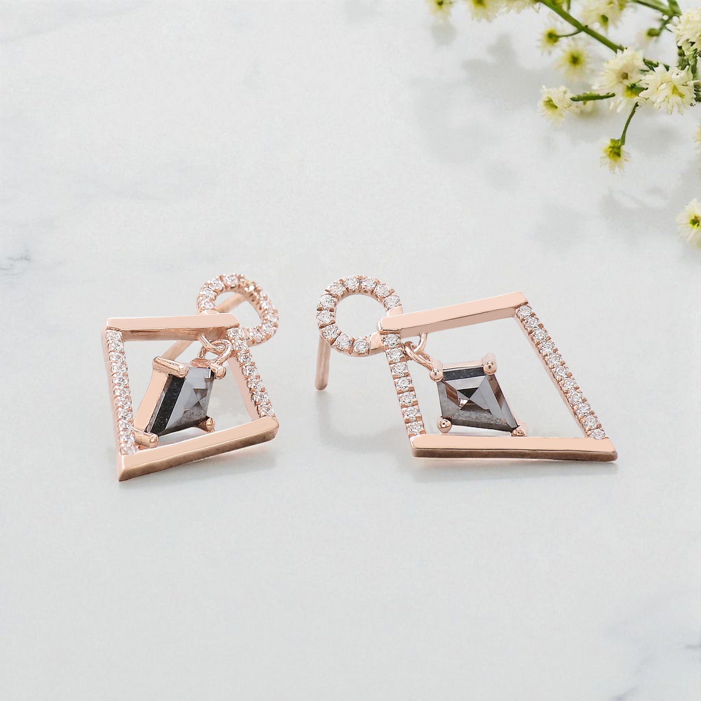 Kite Cut Black Color Diamond Earring 0.64 Ct 7.06 MM Kite Diamond Earring 14K Solid Rose Gold Silver Kite Shape Earring Gift For Her KDN2273