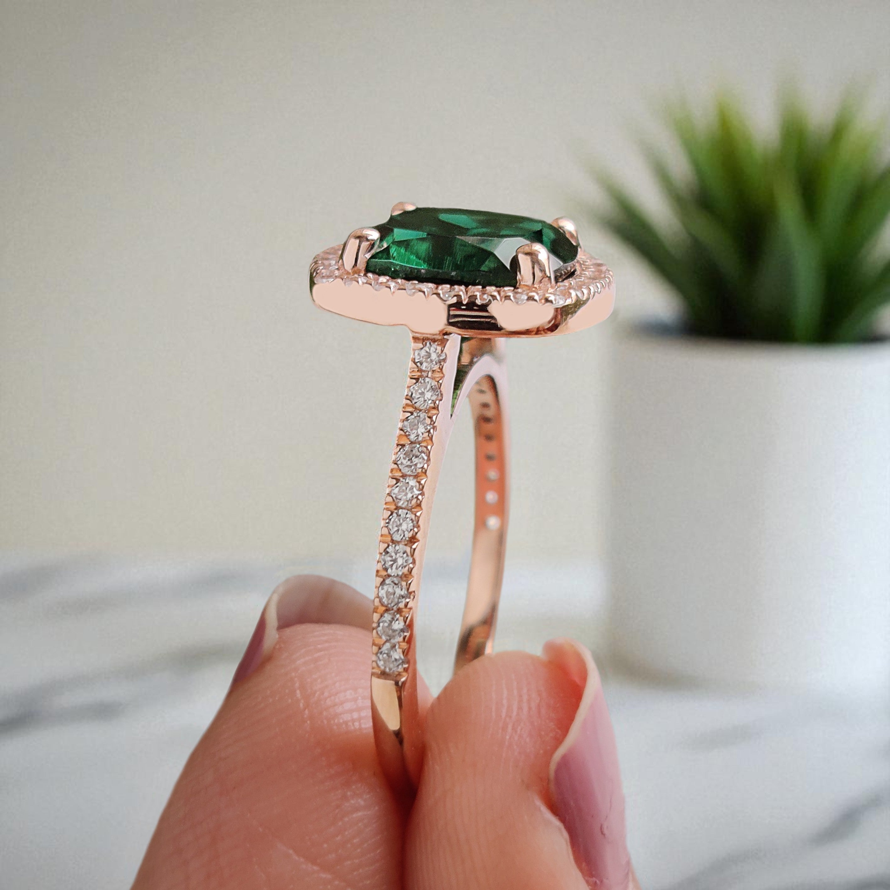 2.60 CT Cushion Cut Green Emerald Engagement Ring Rose Gold Ring Cushion Wedding Ring Unique Art Deco Vintage Halo Ring Gift For Her FD422