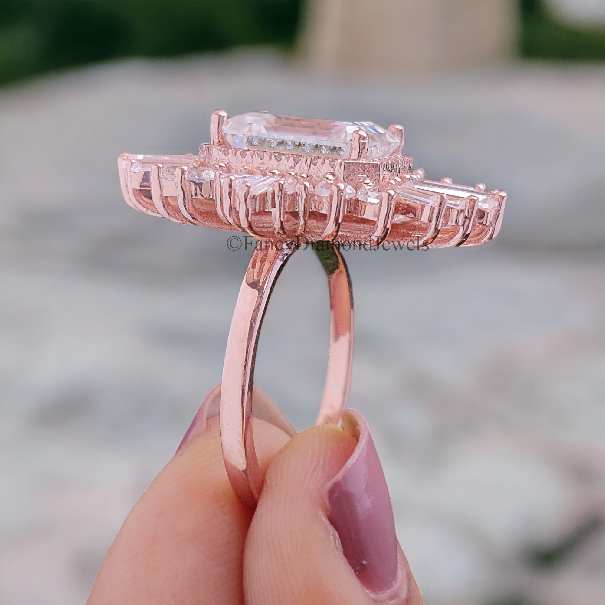 0.95 CT Emerald Cut Moissanite Ring SunBurst Halo Engagement Ring Bridal Wedding Ring Anniversary Gift Ring Valentine's Gift For Women FD257