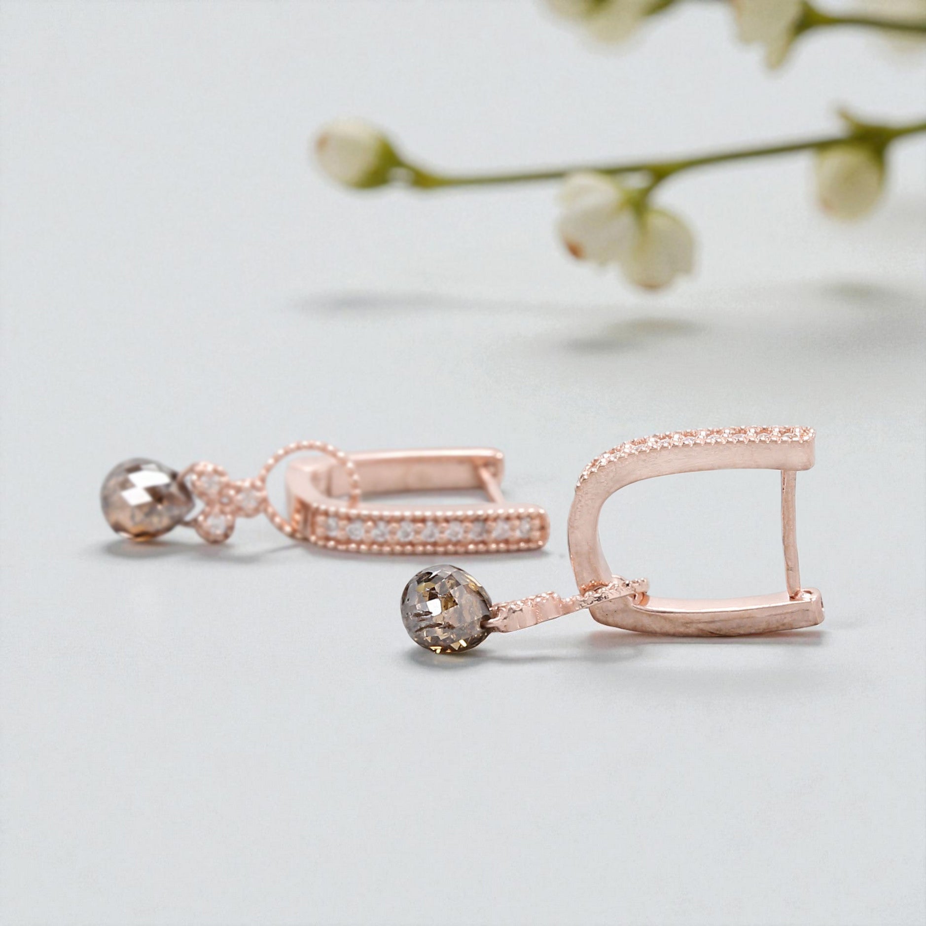 Drop Cut Brown Color Diamond Earring 1.23 Ct 4.85 MM Drop Diamond Earring 14K Solid Rose Gold Silver Engagement Earring Gift For Her KDK2275