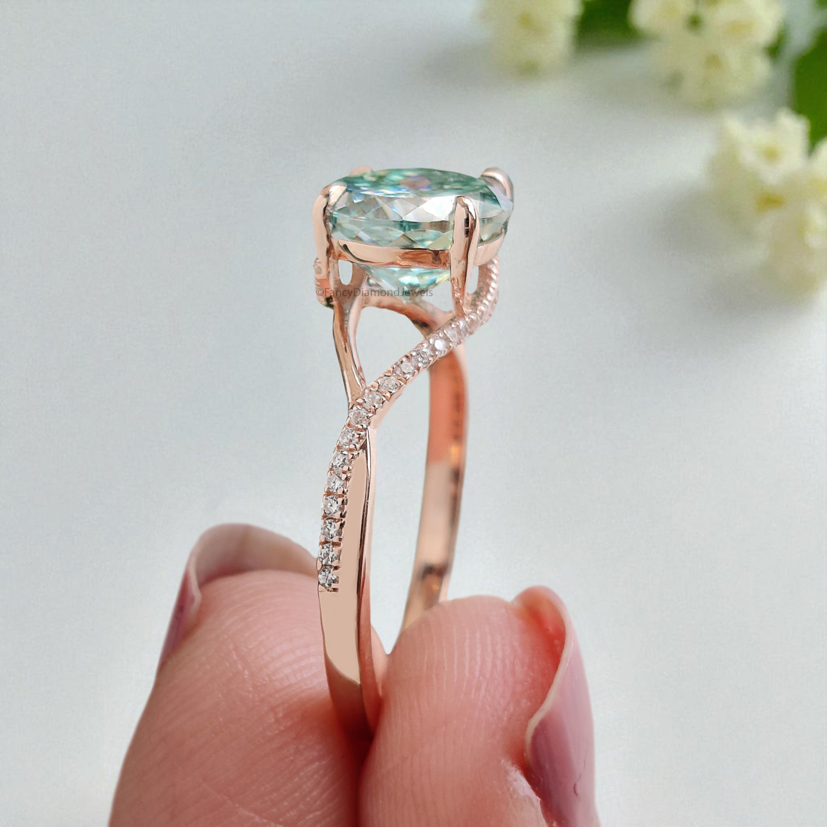 Round Portuguese Cut Aqua Blue Green Moissanite Engagement Ring Rose Gold Ring Vintage Ring Crossover Band Wedding Ring Gift For Her FD419