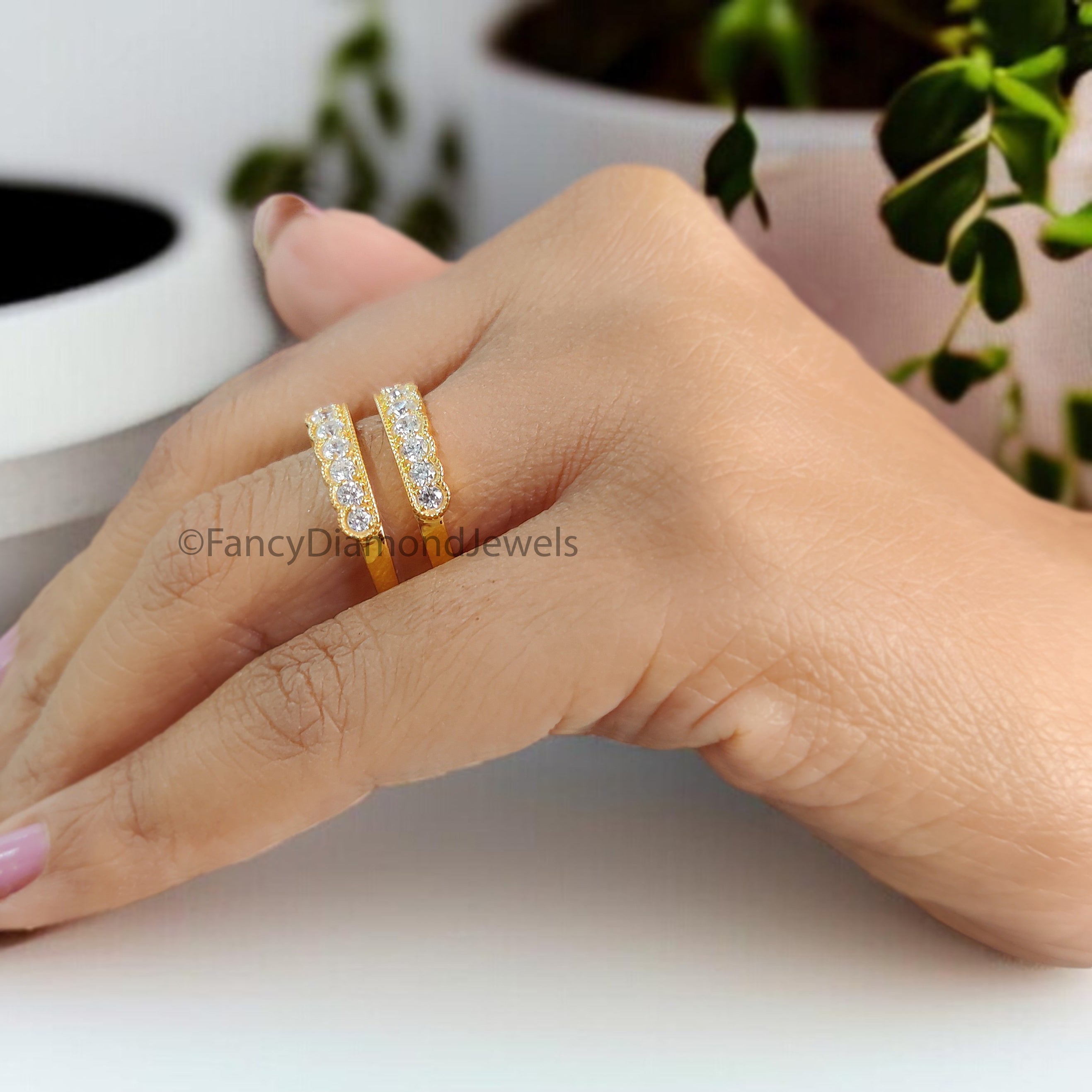 Round Cut Diamond Wedding Band Yellow Gold Unique Half Eternity Wedding Band Vintage Double Stacking Matching Bridal Gift For Her FD527
