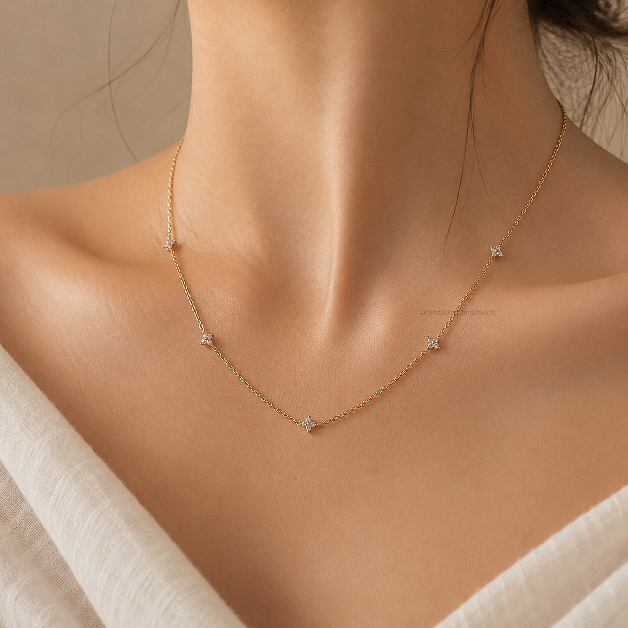 18K Gold Attached Diamond Station Necklace | Four Leaf Clover Star Necklace | Dainty or Large Diamond Chain | Everyday Fine Jewelry FD569