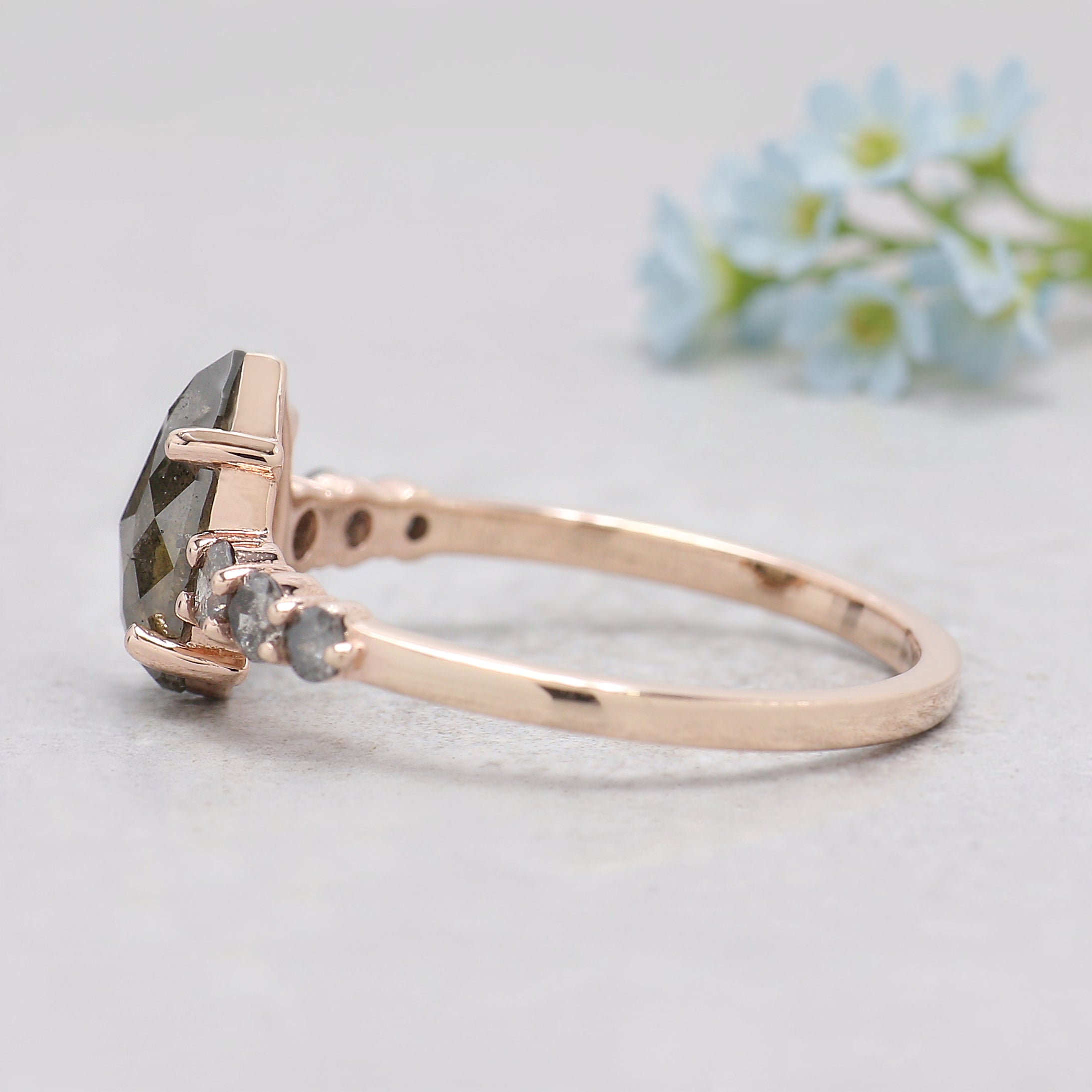 Pear Shape Green Diamond Ring, Rustic Diamond Engagement Ring, 14K Rose Gold Minimalist Ring, Unique Bridal Jewelry, Gift for Her KDK2608