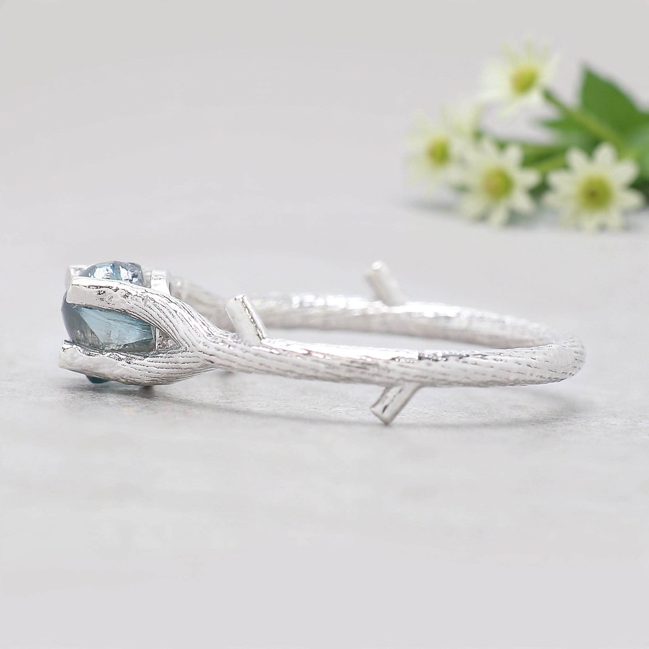 Rough Blue Color Diamond Ring 0.94 Ct 5.73 MM Crystal Rough Diamond Ring 14K Solid White Gold Silver Engagement Ring Gift For Her QL2360